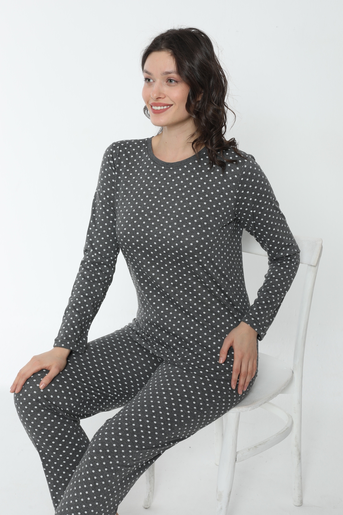 PİJAMOOD-Gray Patterned Cotton Women's Long Sleeve Pajamas Set 2
