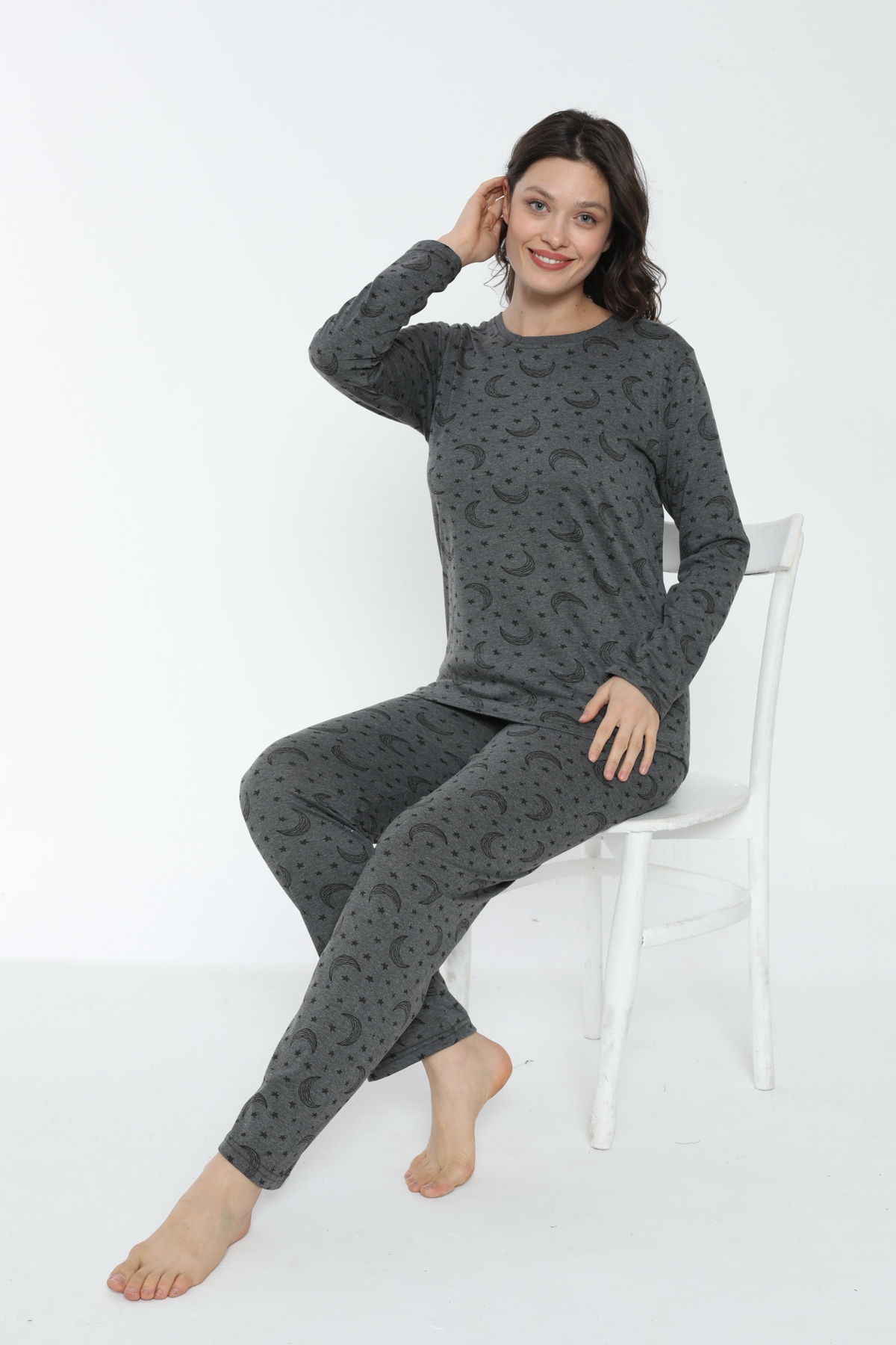 PİJAMOOD Бавовняний сірий жіночий піжамний комплект з довгими рукавами