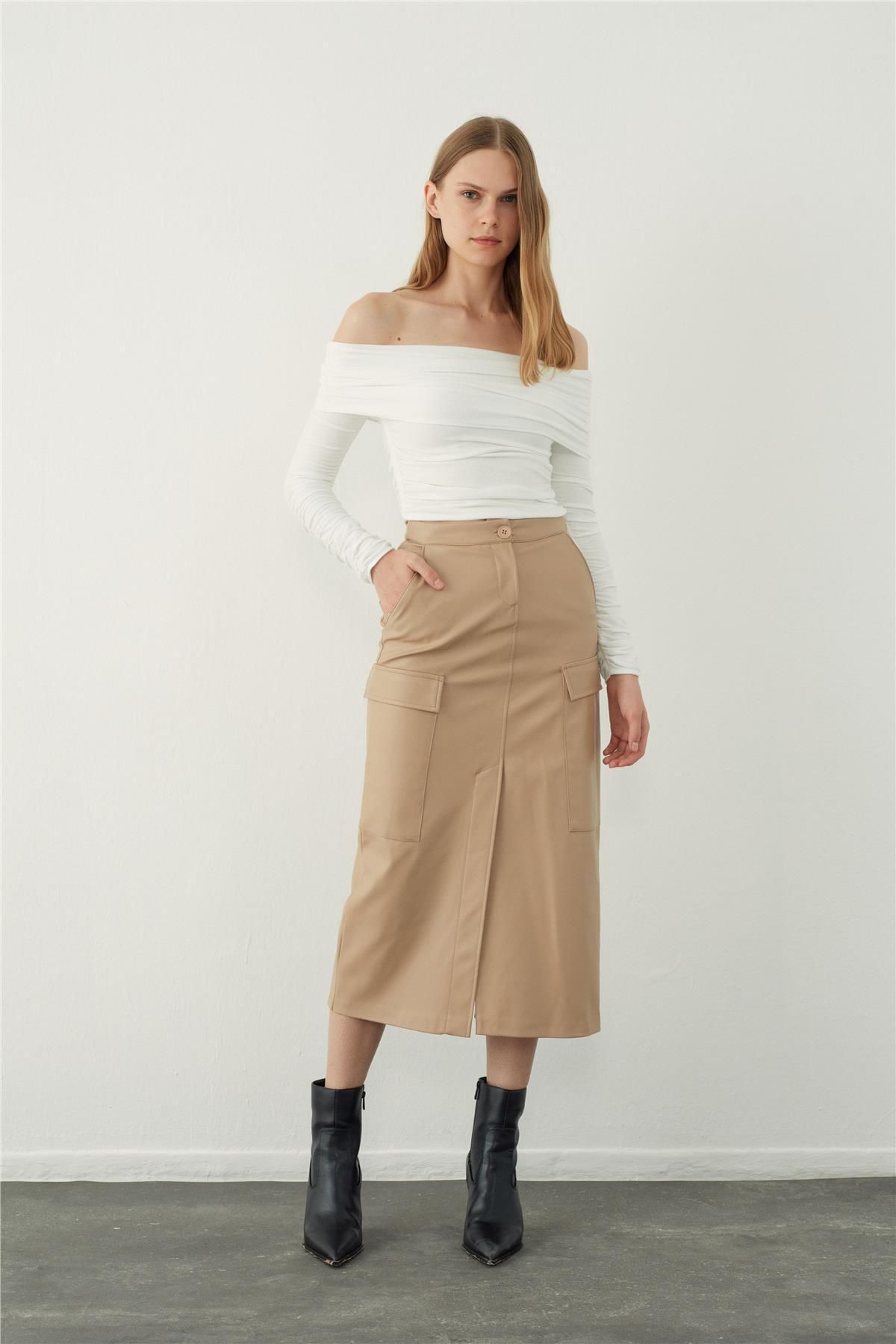 A line outlet midi skirt camel