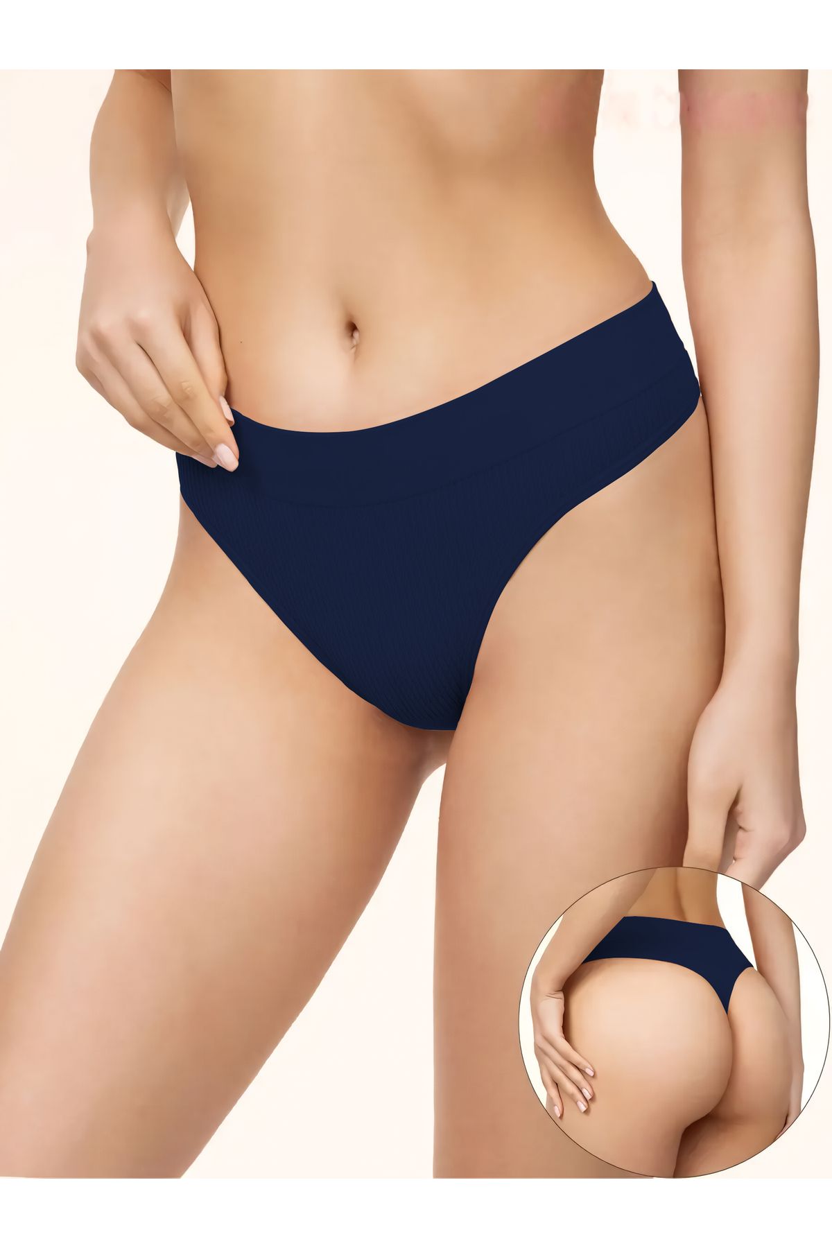 MİSTİRİK-Paulo Model Ribbed Thong Flexible String Cotton String Navy Blue Color 1