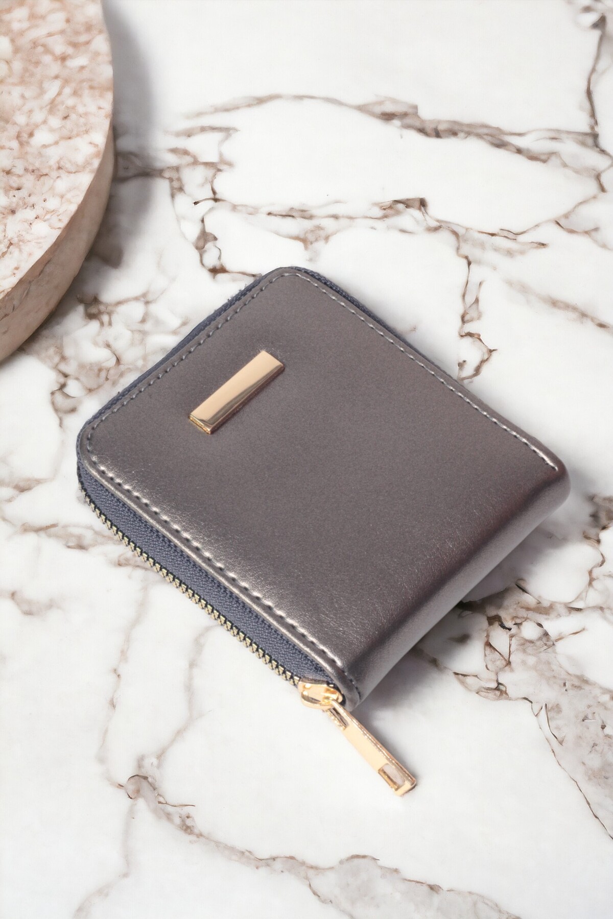 [Kadın Şık Dayanıklı Fermuarlı Kağıt Para Bölmeli Kartlıklı Gri Cüzdan Kartlık Aksesuar]