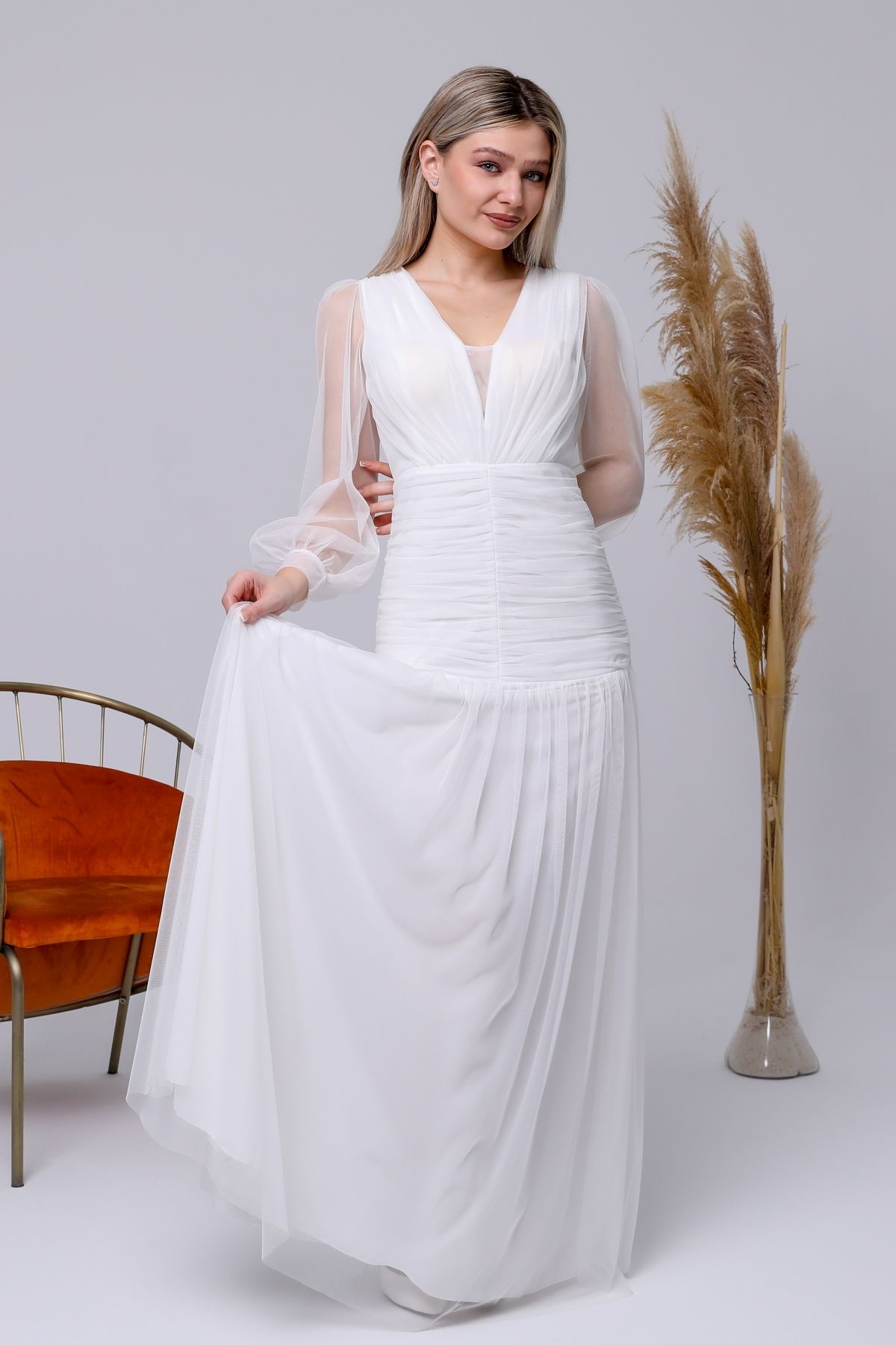 Asees-Rochie de Seara Tulle Stretchy Baseni Gathered V Rock Maneci Tulle 6