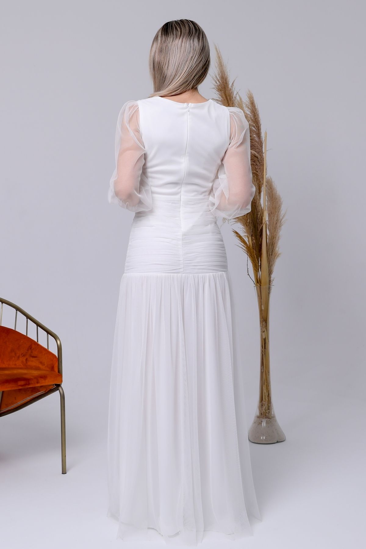 Asees-Rochie de Seara Tulle Stretchy Baseni Gathered V Rock Maneci Tulle 3