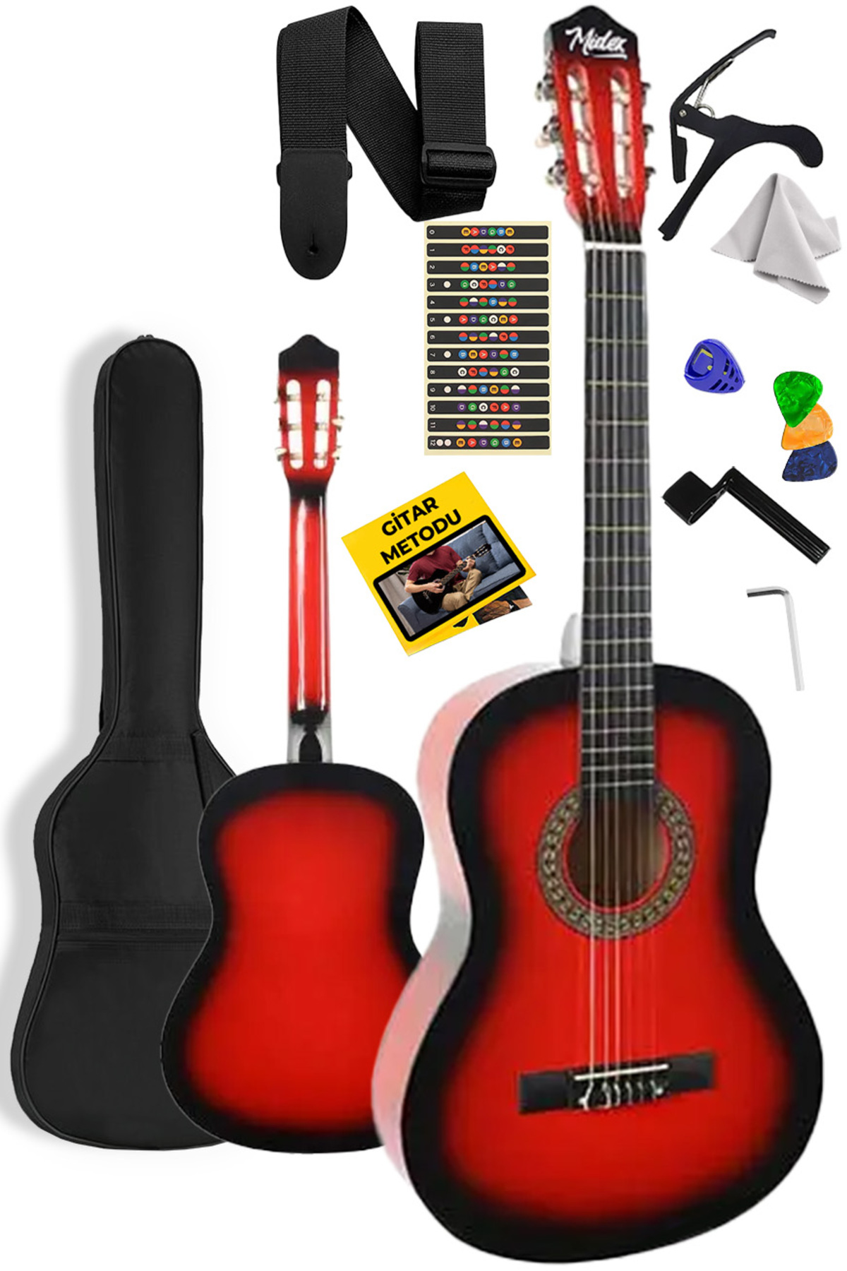 Midex Cg-270rd Kırmızı Renk Klasik Gitar 4/4 Yetişkin Boy Sap Ayarlı Full Set