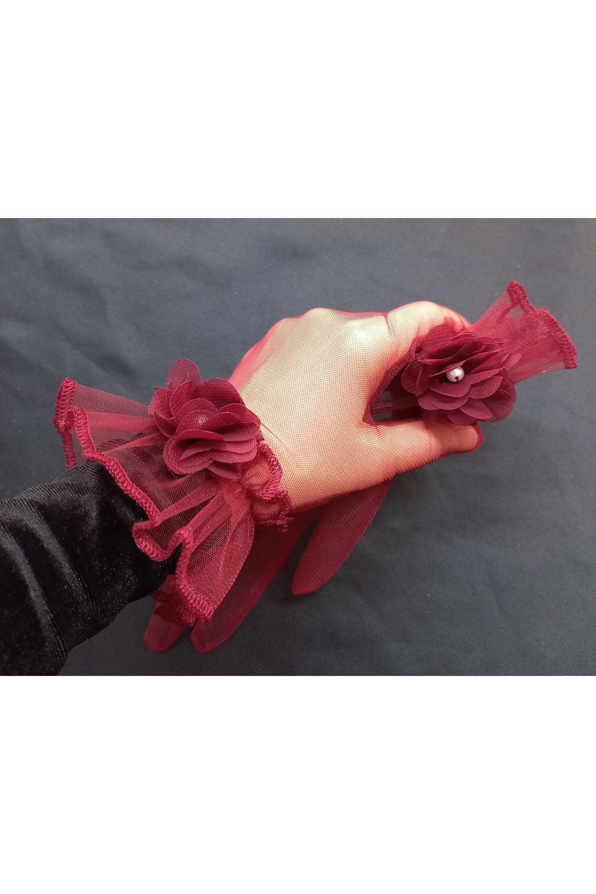 es moda shop-Camelia floral ruffle bridal gloves short burgundy 2