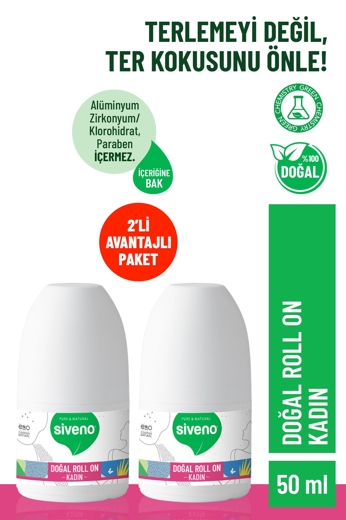 Siveno %100 Doğal Roll-On Kadın Deodorant Ter Kokusu Önleyici Bitkisel Leke Bırakmayan Vegan 50 ml X 2 Adet