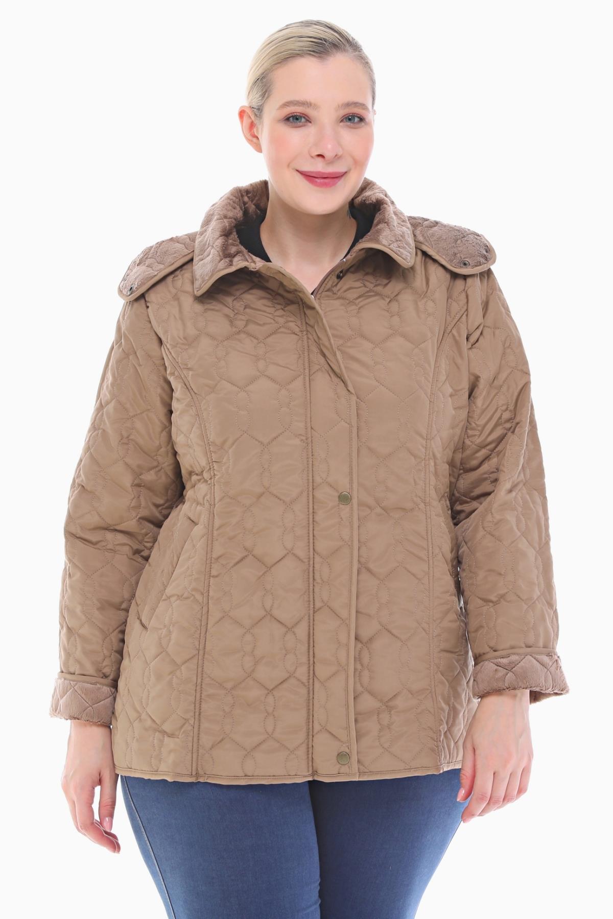 VETRE Kadın Büyük Beden Kapüşonlu 75 Cm Vizon Kapitone Mont 1014