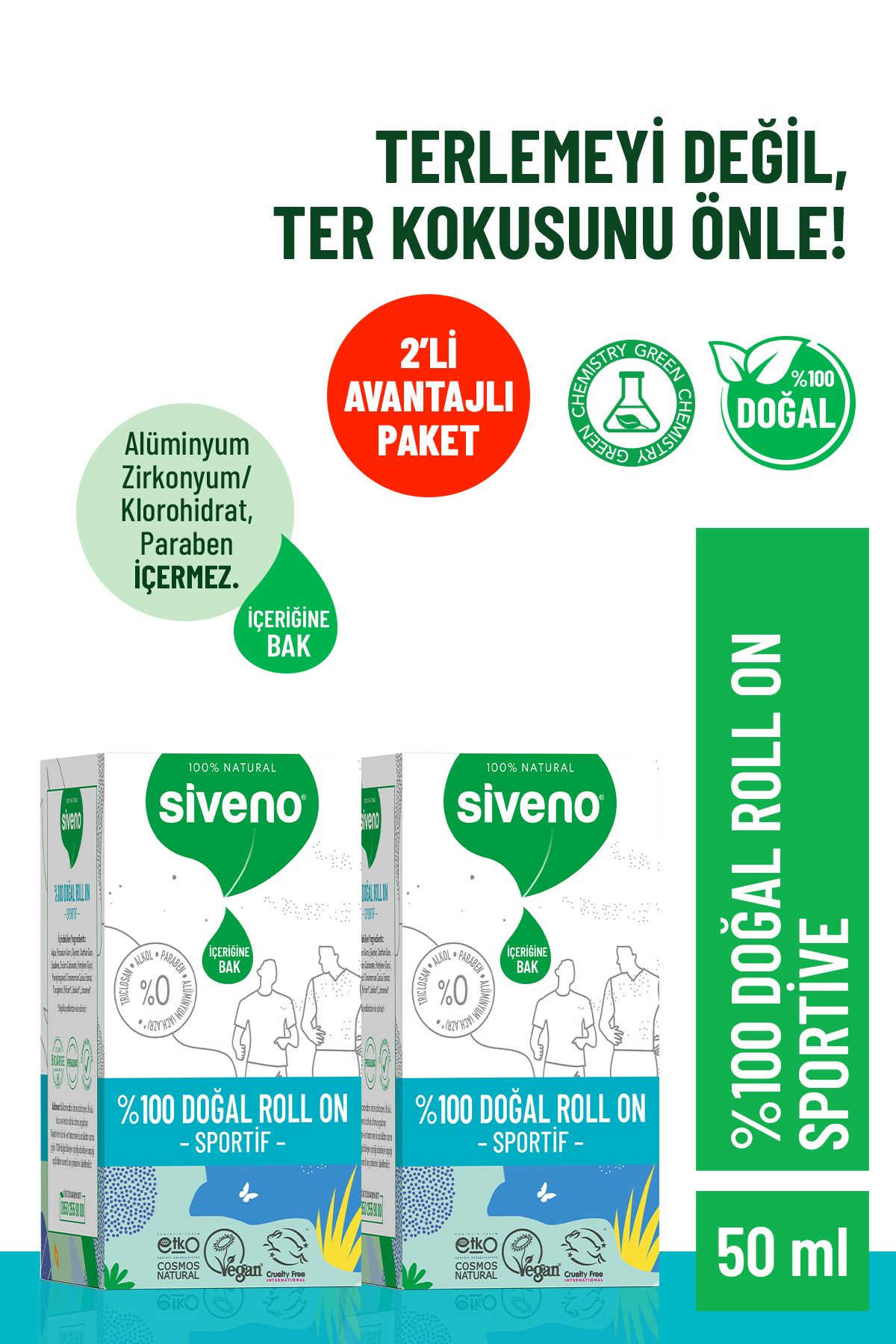 Siveno %100 Doğal Roll-On Sportif Sporcu Deodorant Ter Kokusu Önleyici Bitkisel Lekesiz 50 ml X 2 Adet