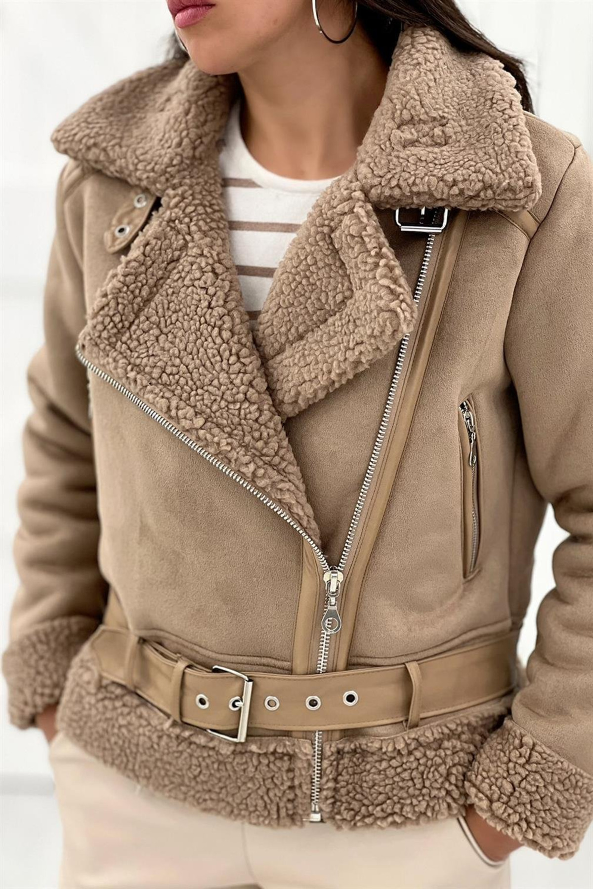 Women's Beige Plush Collar Belted Jacket