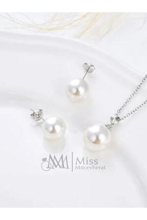 mefshop Mefshop 925Ayar Gümüş Inci Kolye Küpe Kadın Set 10 Mm