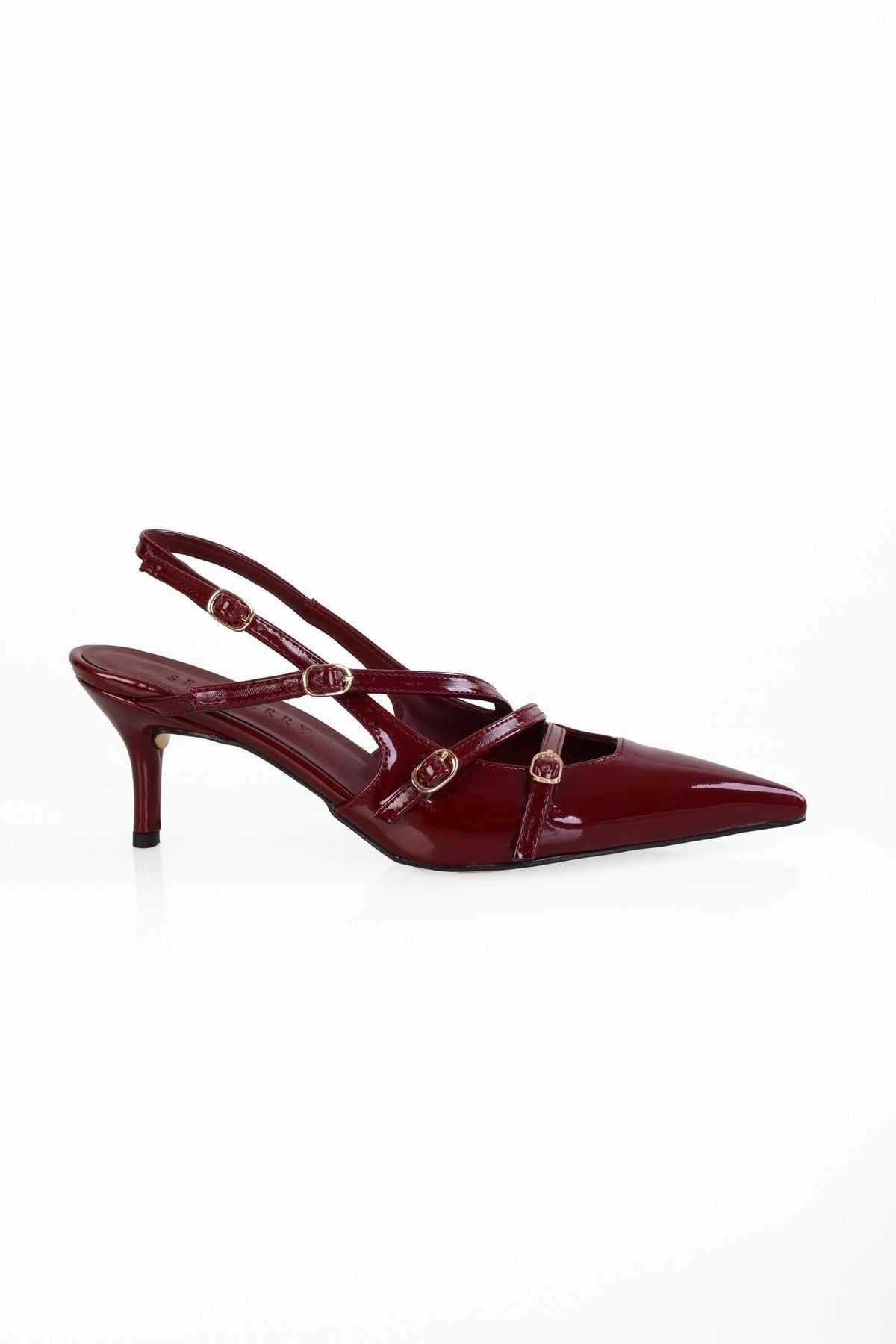 Shoeberry-Joelle – Spitz zulaufender Stilettoabsatz aus Lackleder in Weinrot mit Gürtelschnalle für Damen 2