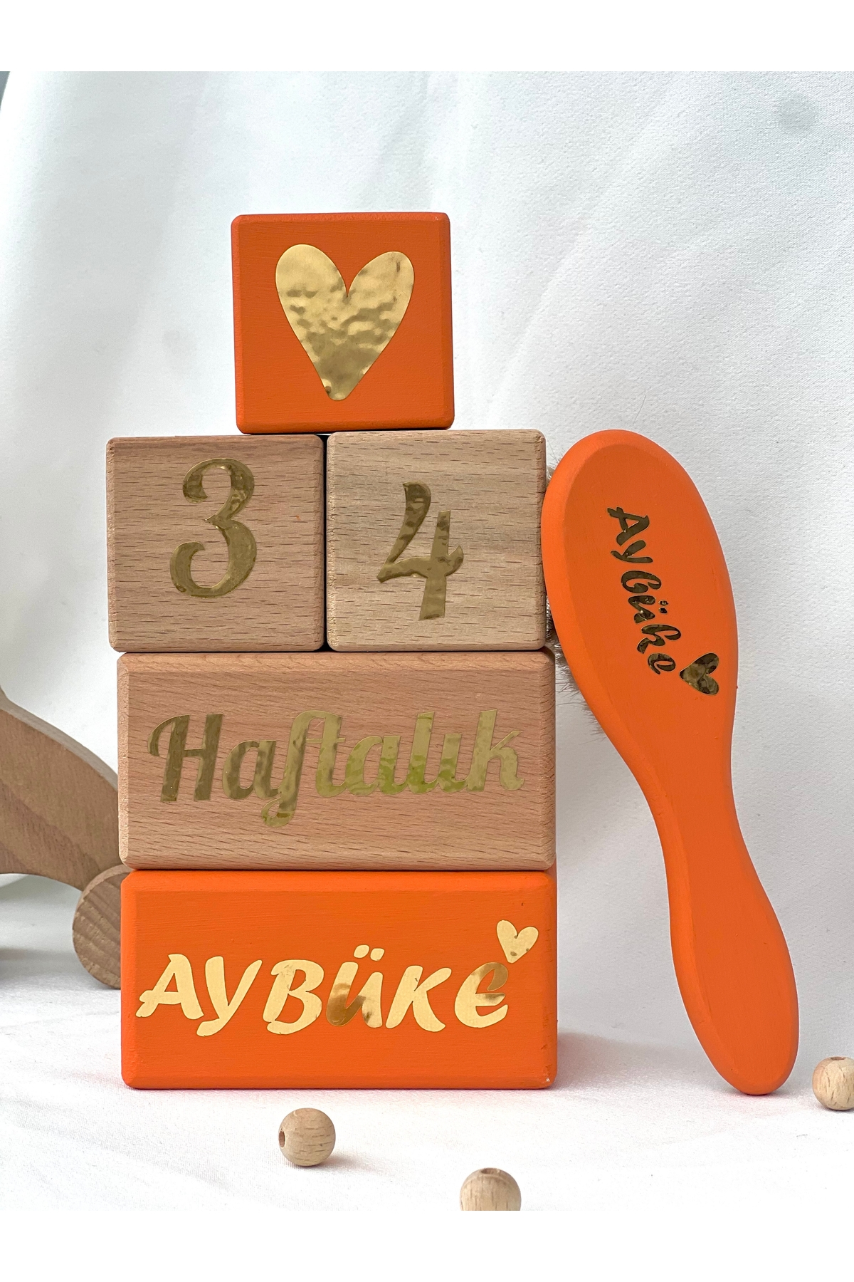 Turuncu anne bebek anı küpü gold set ,isimli saç fırçası 6parça