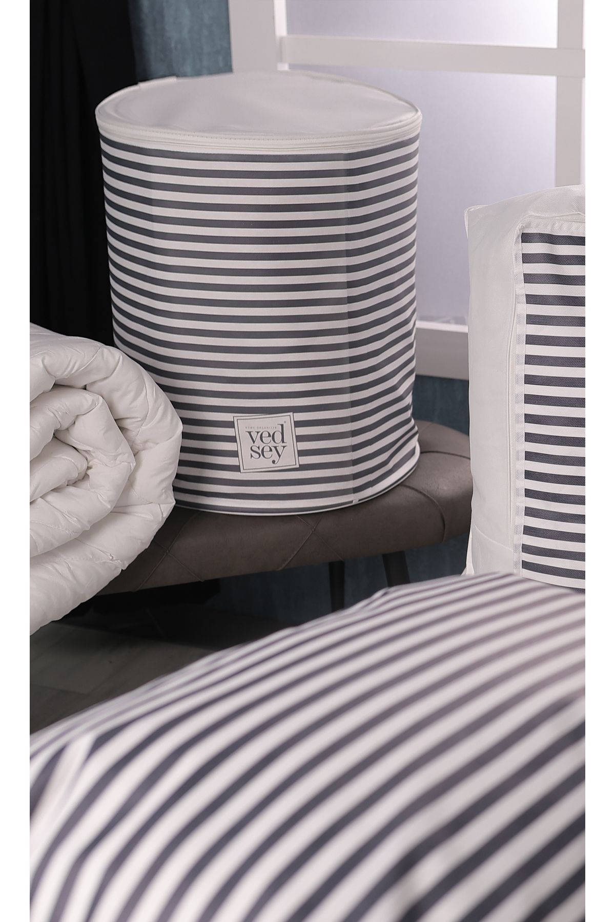 Vedsey Home Organizer Organizator Cu Dungi Bleumarin Cilindru 45x50cm - Organizator Murdar, Jucării Și Haine - One Size
