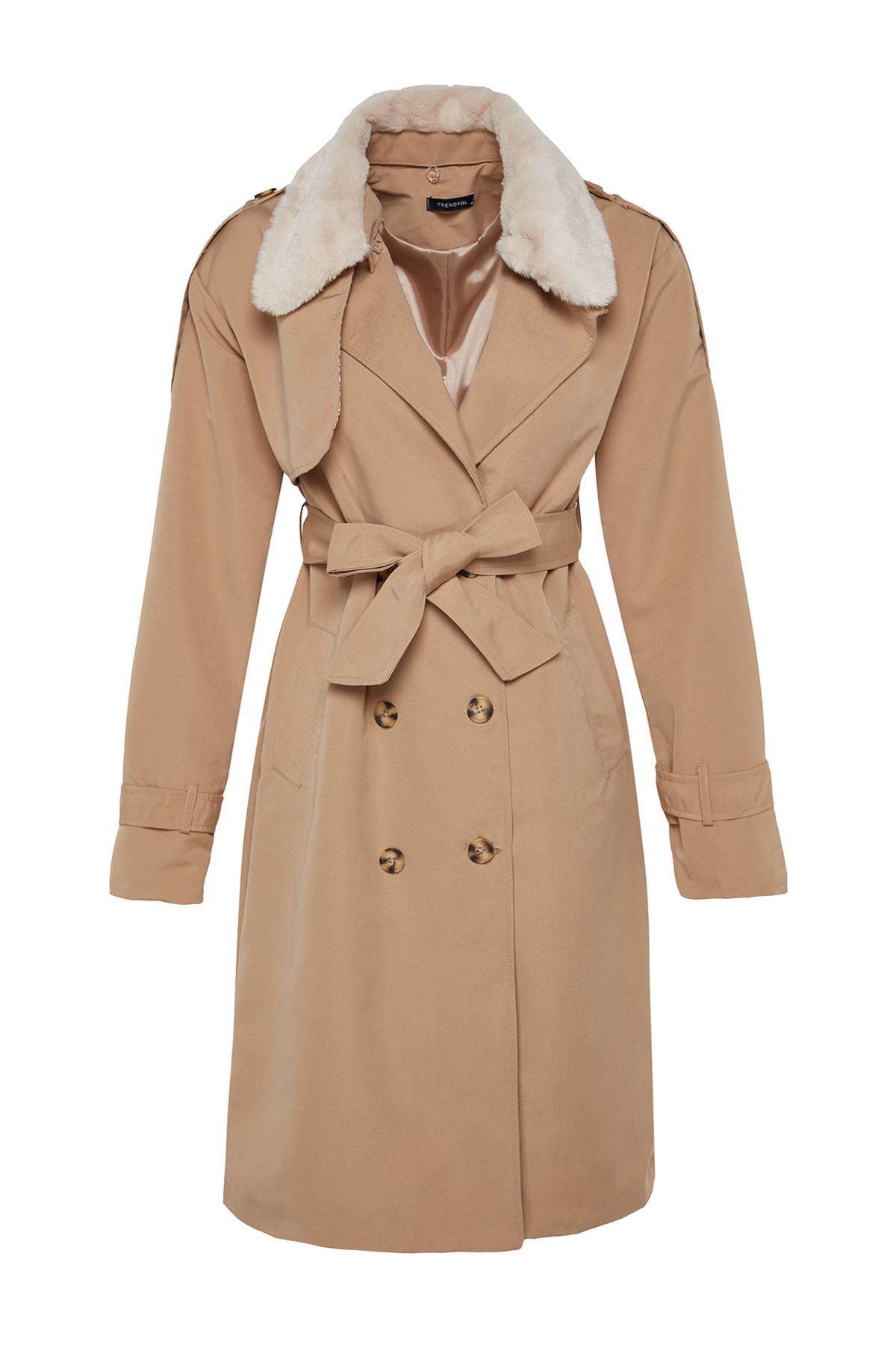 Trendyol Collection-Beiger, übergroßer, weit geschnittener Kragen, wasserabweisender, langer Trenchcoat mit Plüschdetails TWOAW24TR00010 12
