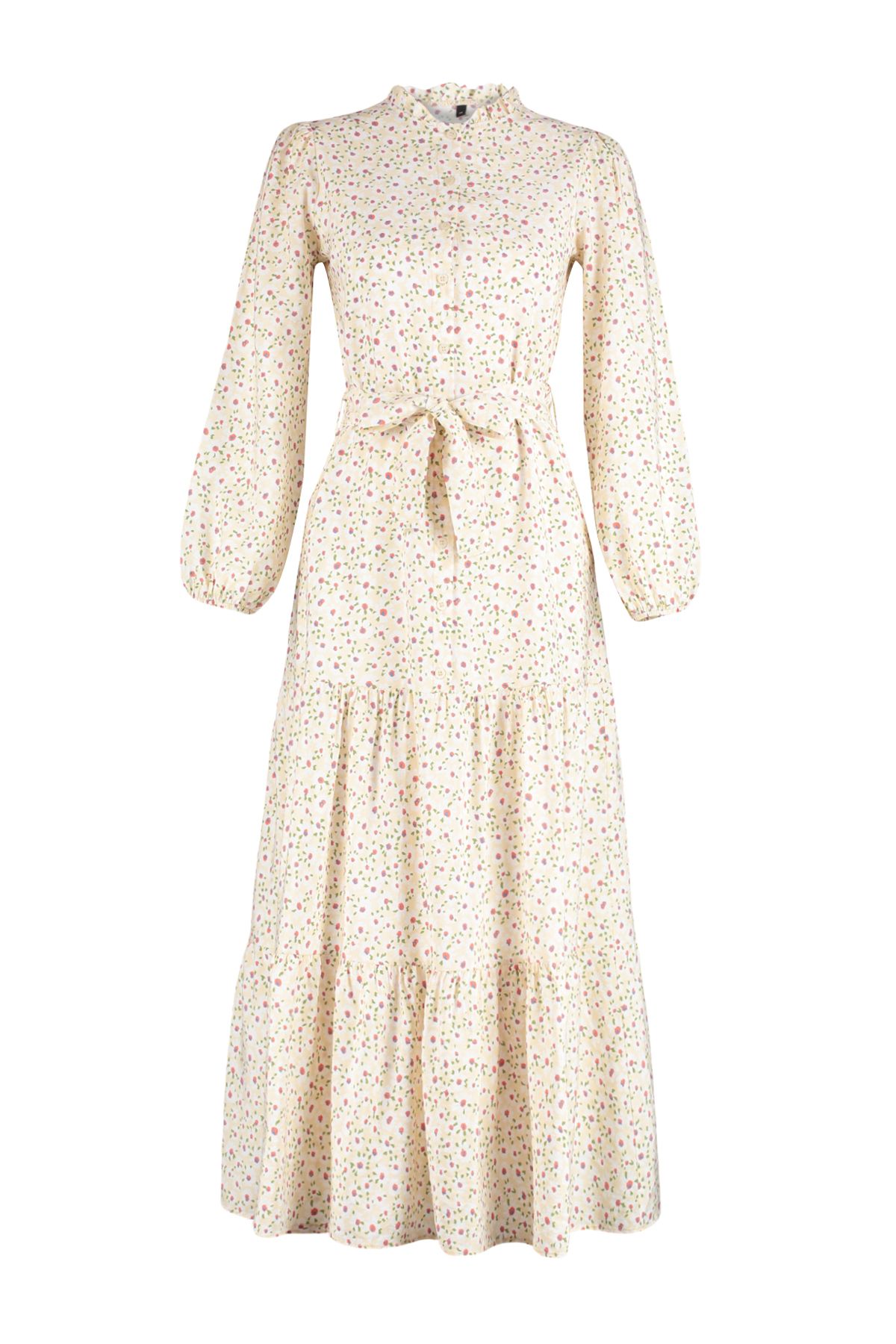 Trendyol Modest-Різнокольорове ткане плаття з квітковим візерунком на підкладці TCTSS23EB00294 зі спідницею з воланами з квітковим візерунком TCTSS23EB00294 7