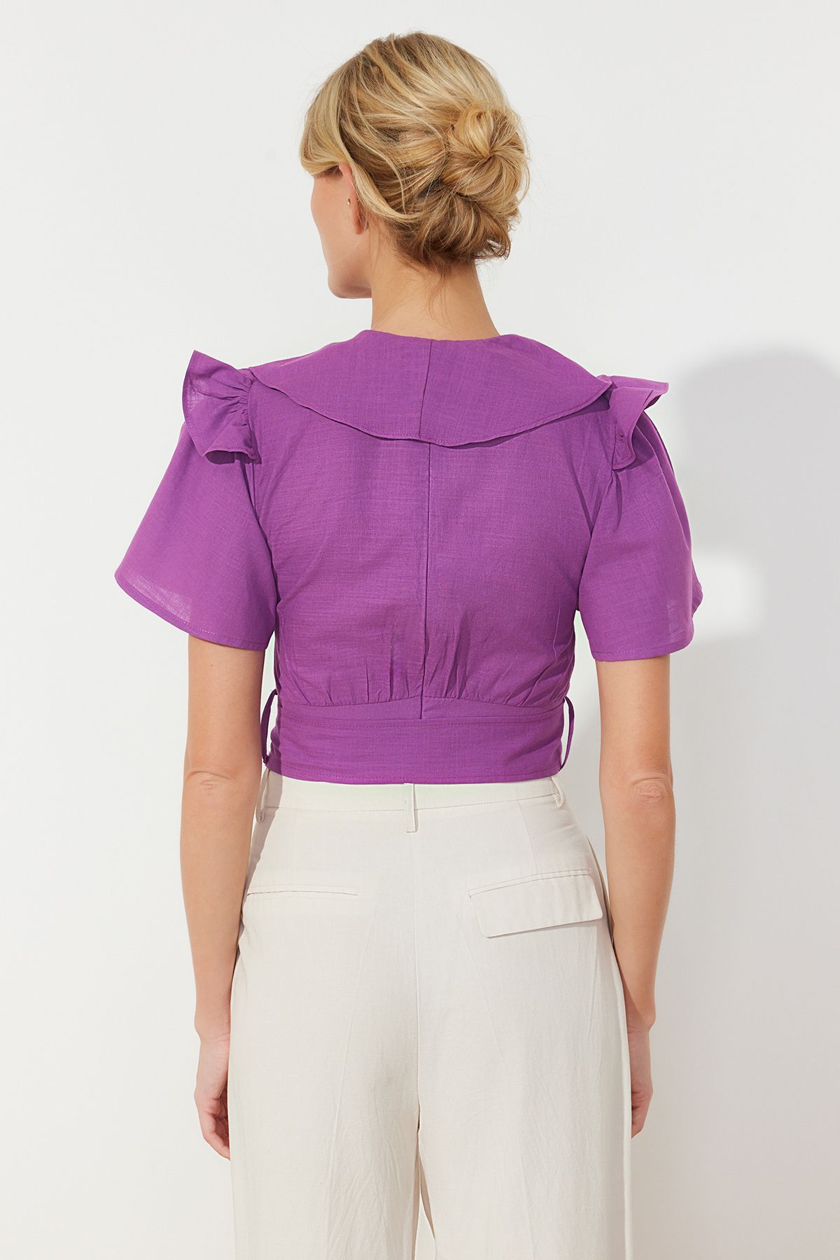 Trendyol Collection-Lila fodros és nyakkendős részletes szőtt blúz TWOSS20BZ0351 6
