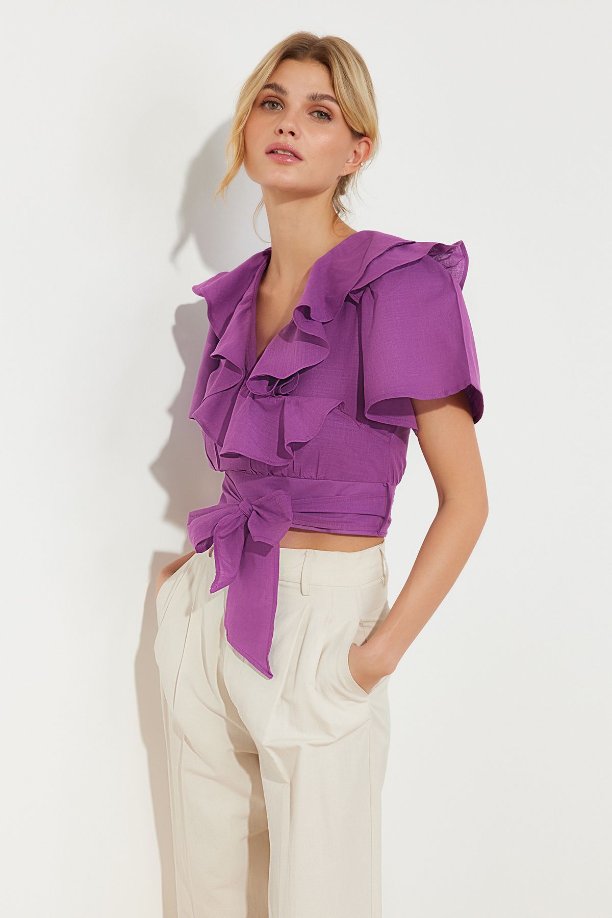 Trendyol Collection-Lila fodros és nyakkendős részletes szőtt blúz TWOSS20BZ0351 2