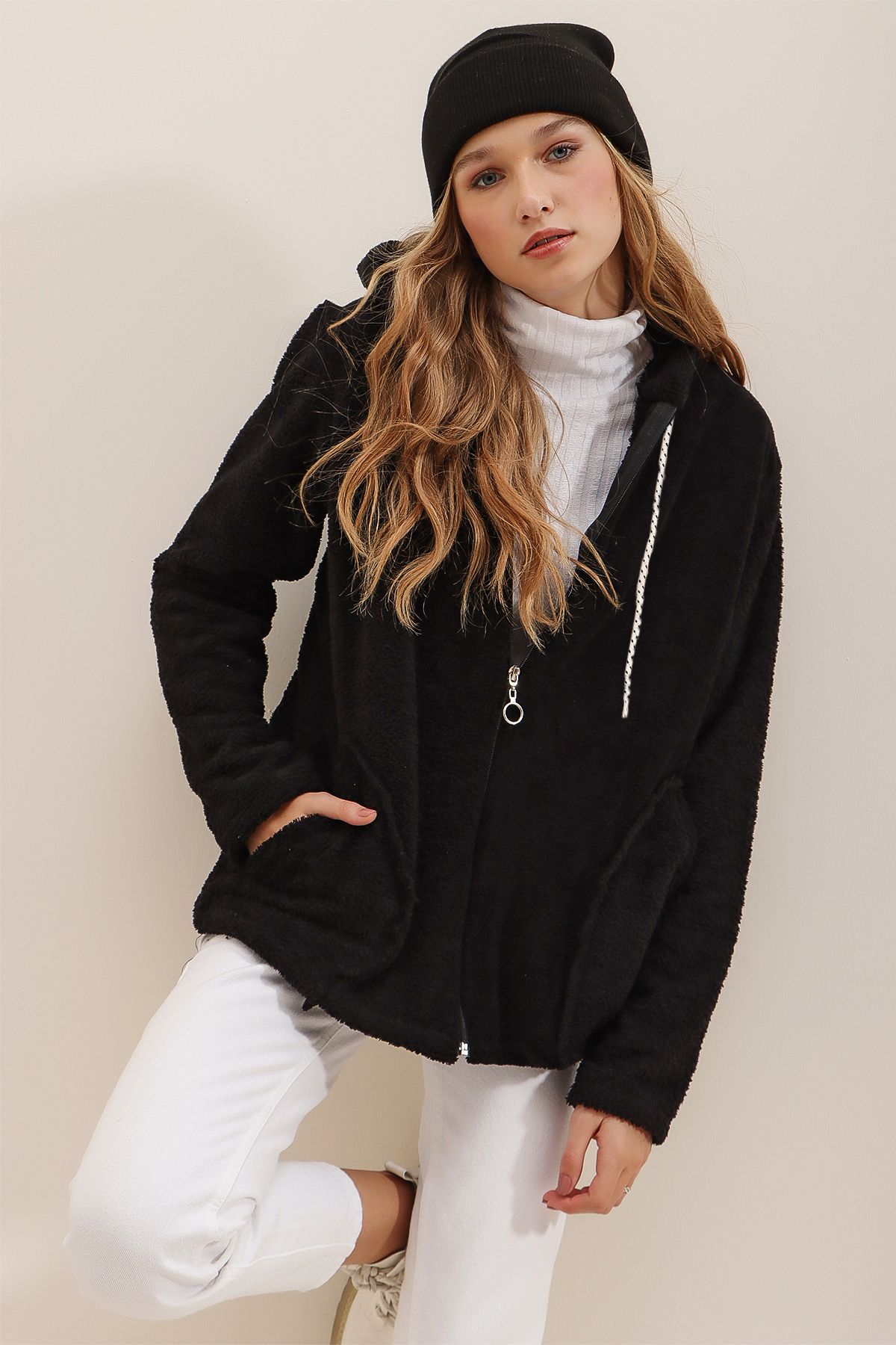 Trend Alaçatı Stili Damska Czarna Bluza Z Kapturem I Zamkiem Błyskawicznym Z Przodu, Z Podwójną Kieszenią, Oversize, Pluszowa Bluza Kobieta - S