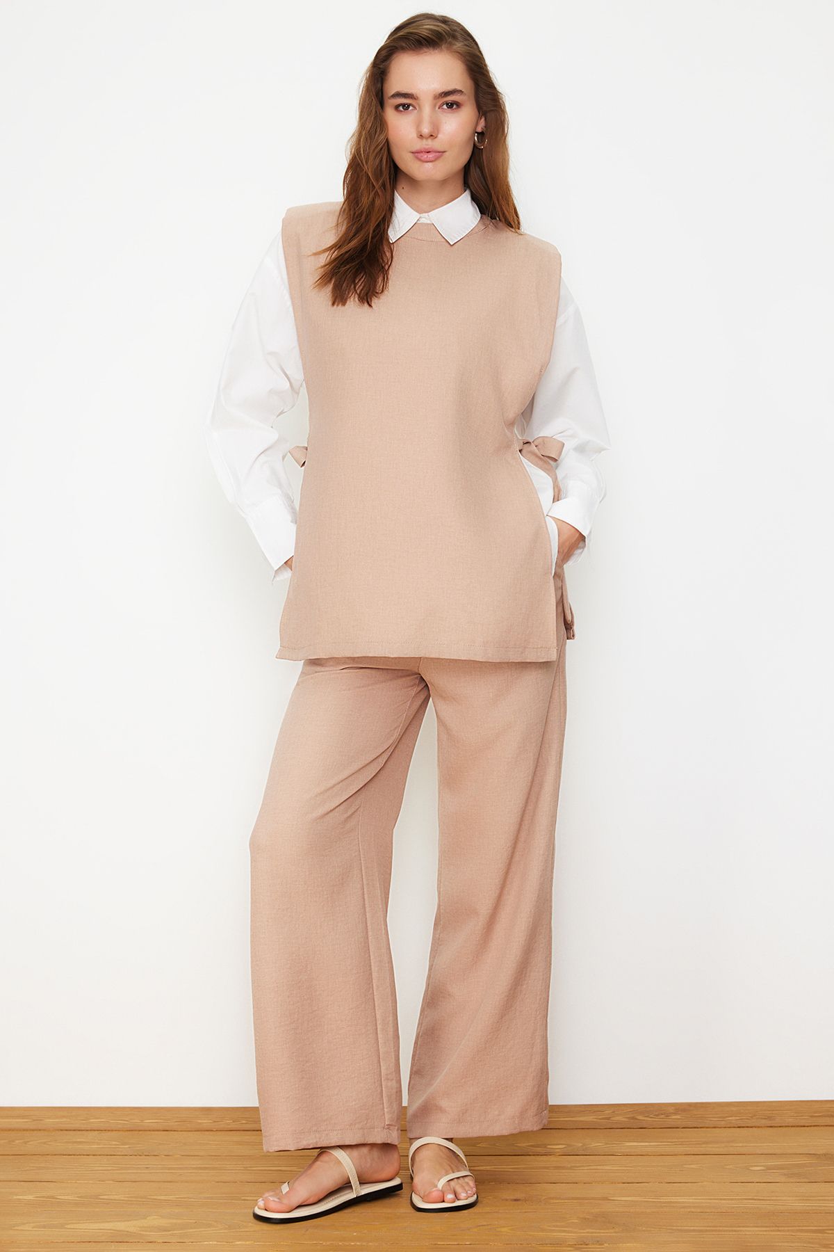 Trendyol Modest Mink Linen Look Side Tie Woven Bottom Top Set TCTSS24US0001