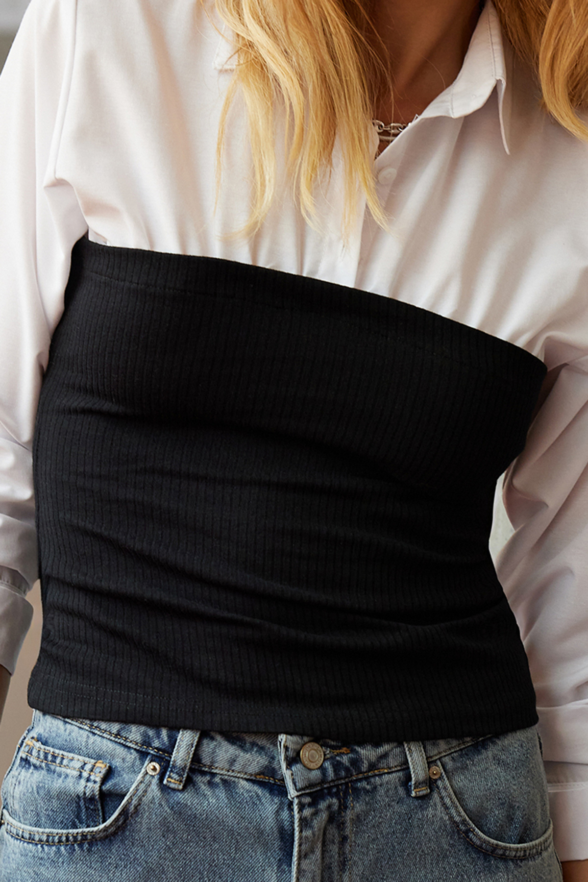 Trendyolmilla  Siyah Korse Detaylı Dokuma Gömlek TEDAW24GO00002 - Görsel 4