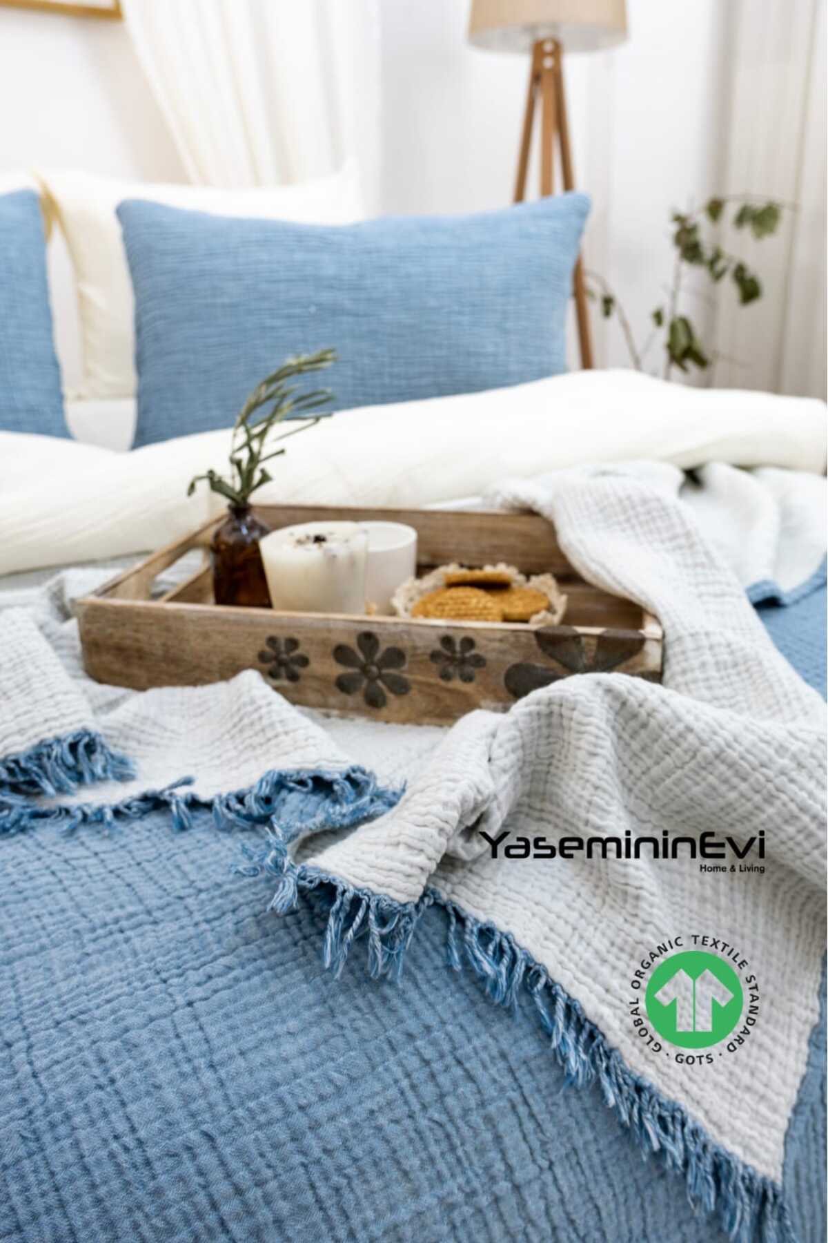 YASEMİNİNEVİ Petrol Rengi 4 Katlı Müslin Yatak Örtüsü/ 2 Adet Yastık Kılıfı 3