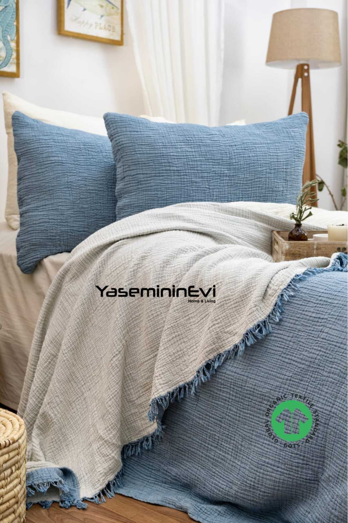YASEMİNİNEVİ Petrol Rengi 4 Katlı Müslin Yatak Örtüsü/ 2 Adet Yastık Kılıfı 4