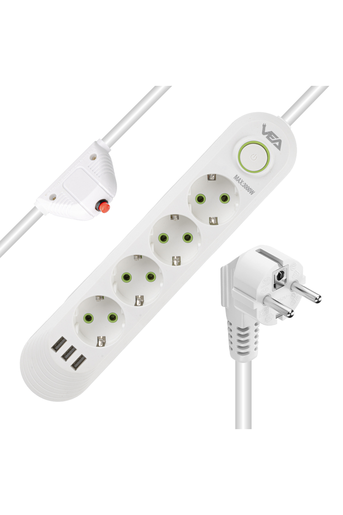 TechMore Tc-21560 4’lü 1.5 Metre Kablolu 3 Usb’li Beyaz Akım Korumalı ...