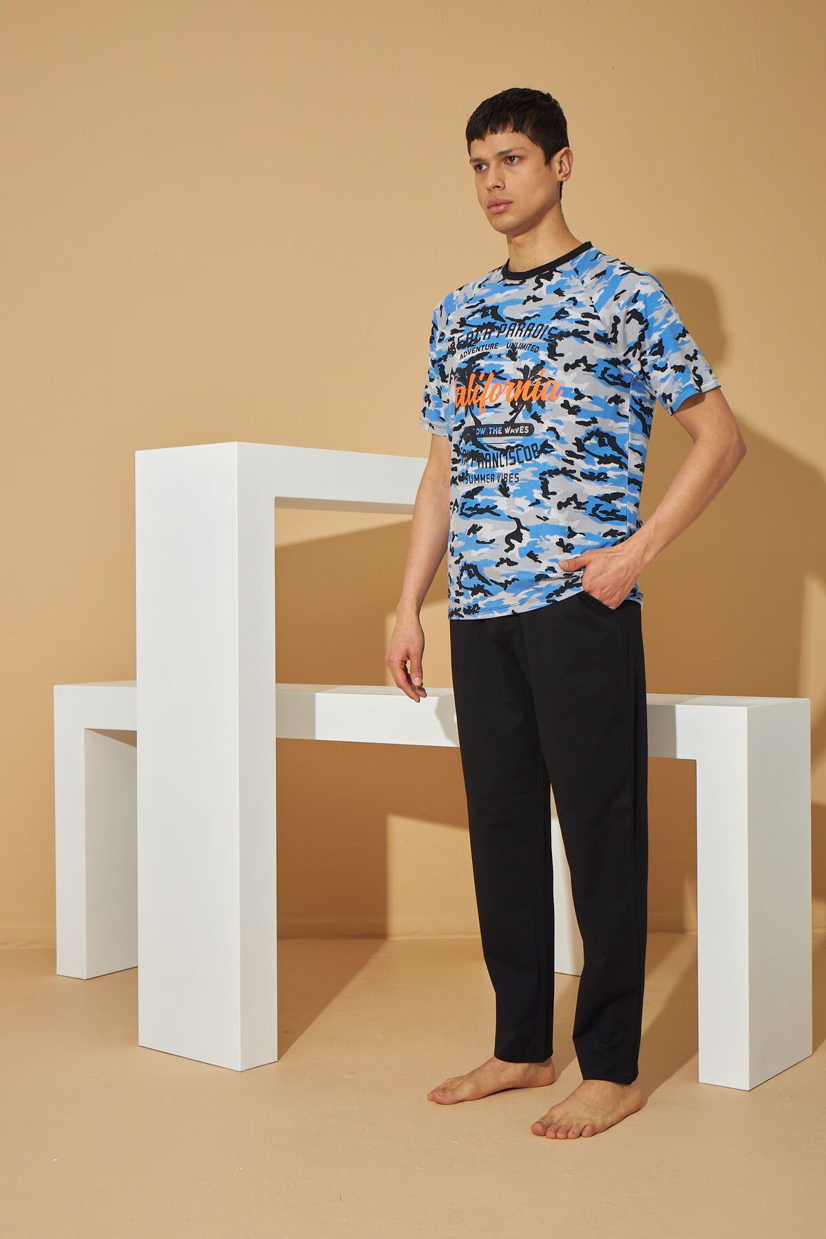 İPEKTENİM TEKSTİL SİYAH KAMUFLAJ DESEN ERKEK PİJAMA TAKIM