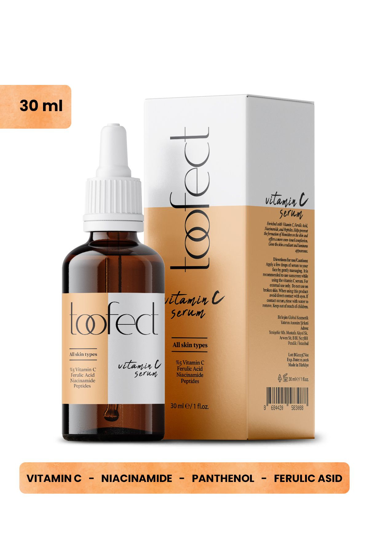 سرم روشن کننده ویتامین C پوست 30 میلی لیتری وگان نرم کننده رنگ شب (5٪ ویتامین C) Toofect