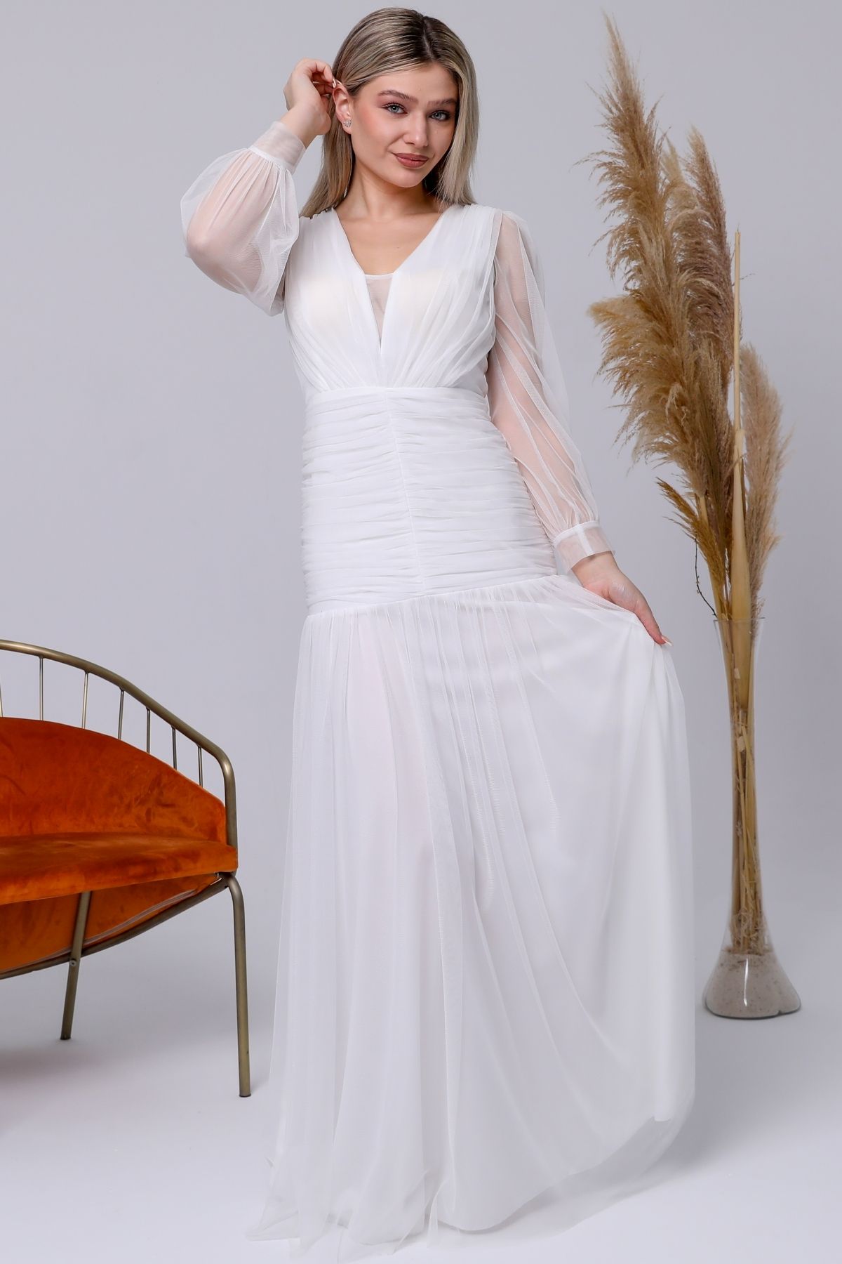 Asees-Rochie de Seara Tulle Stretchy Baseni Gathered V Rock Maneci Tulle 7