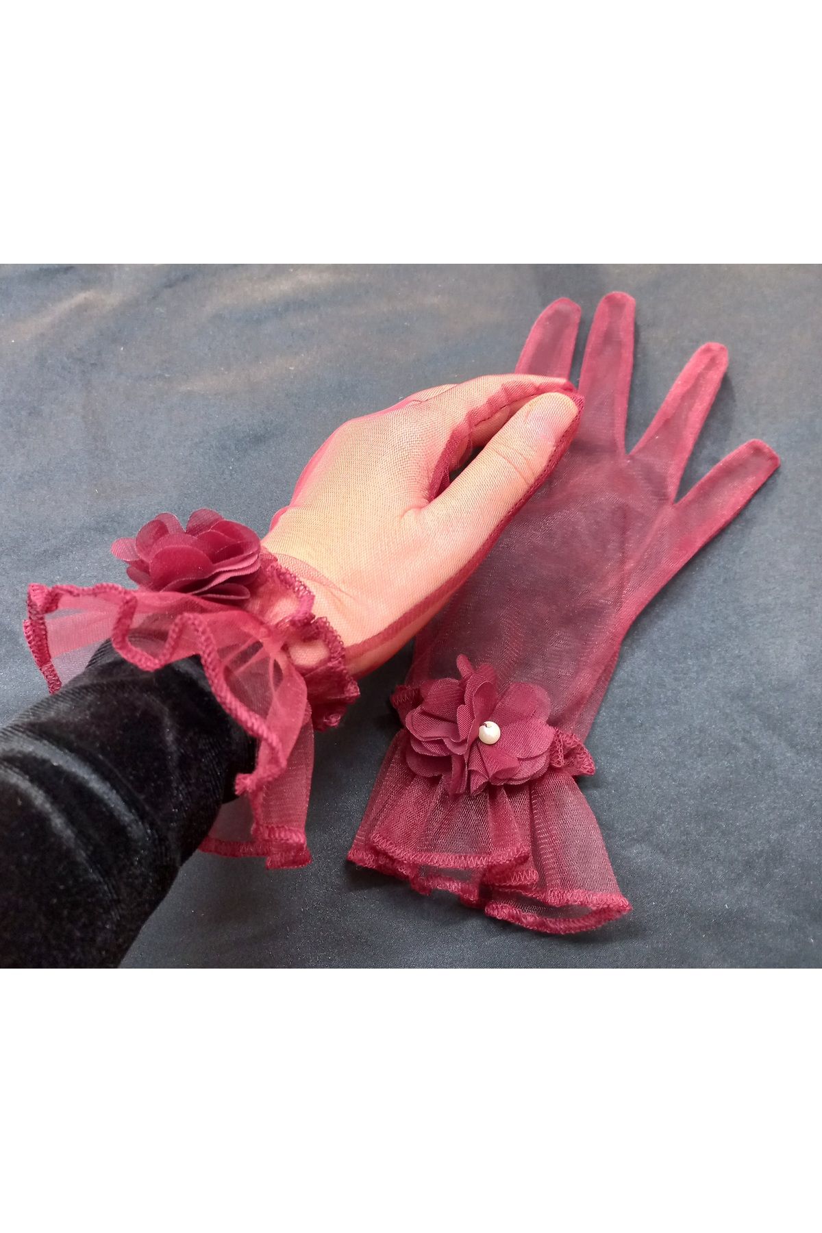 es moda shop-Camelia floral ruffle bridal gloves short burgundy 5