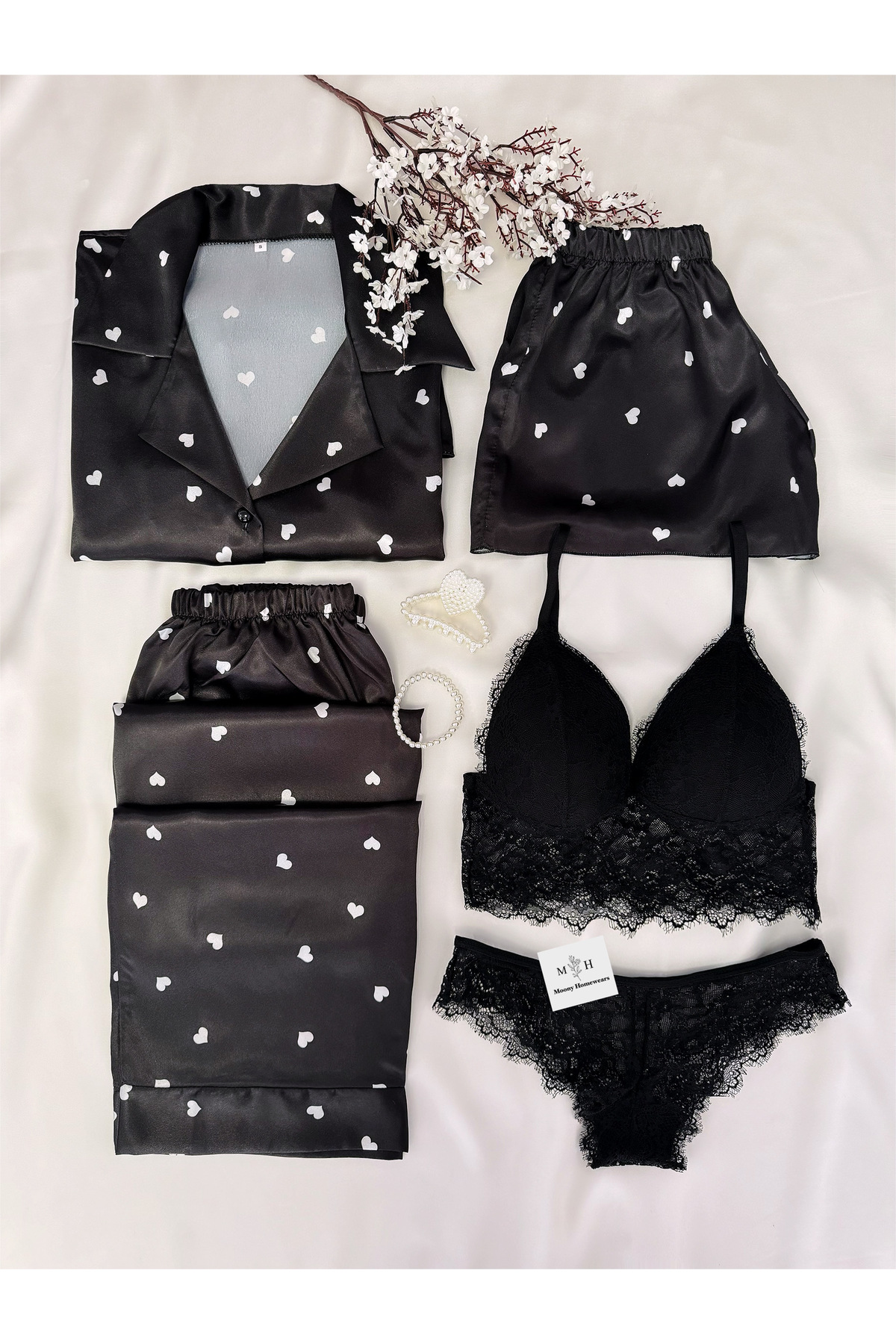 5-Piece Glow Black Heart Satin Pajamas Underwear Dowry Set