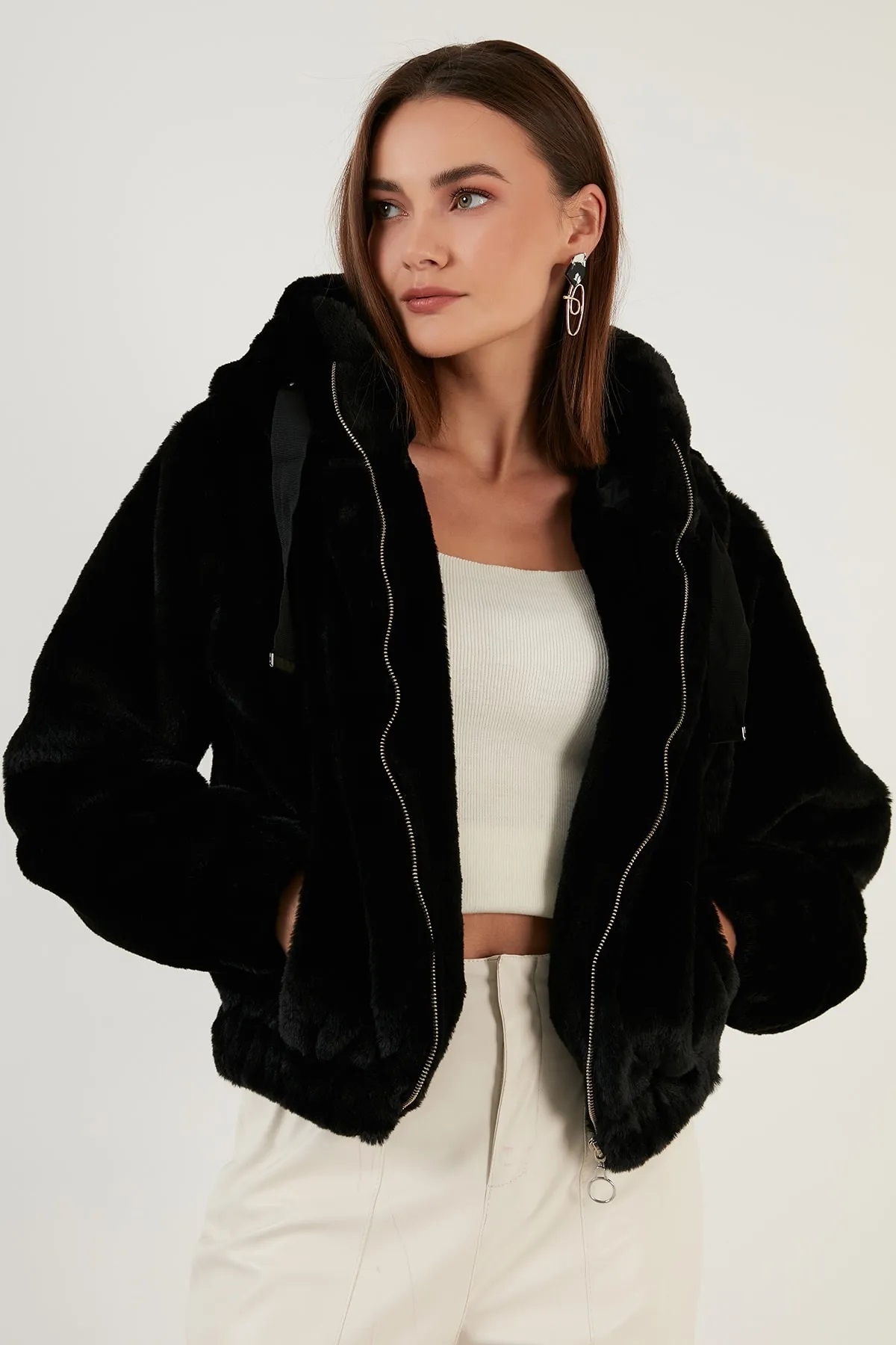 SOFT FEATHER HOODED WOMEN'S BLACK COAT