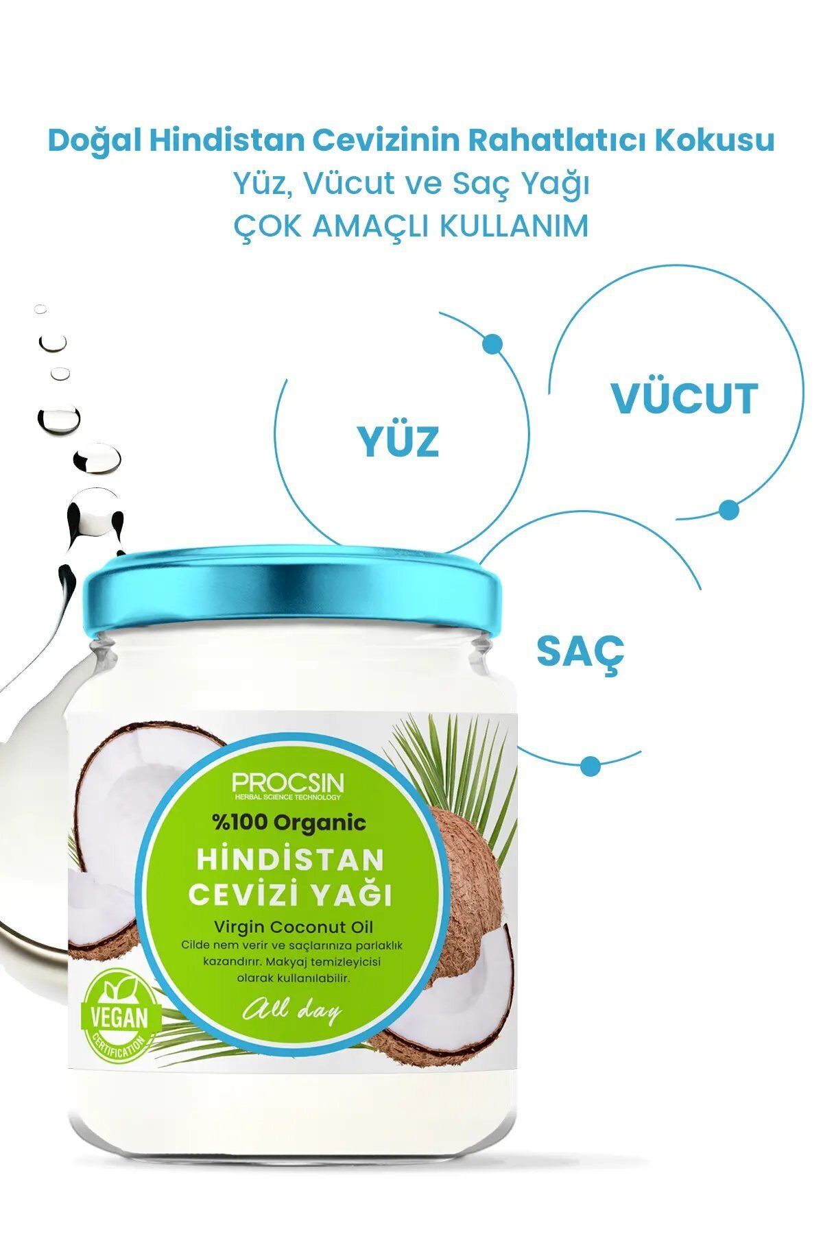 PROCSIN مرطوب کننده طبیعی 100% روغن نارگیل طبیعی (صورت، بدن، مو) 190 میل