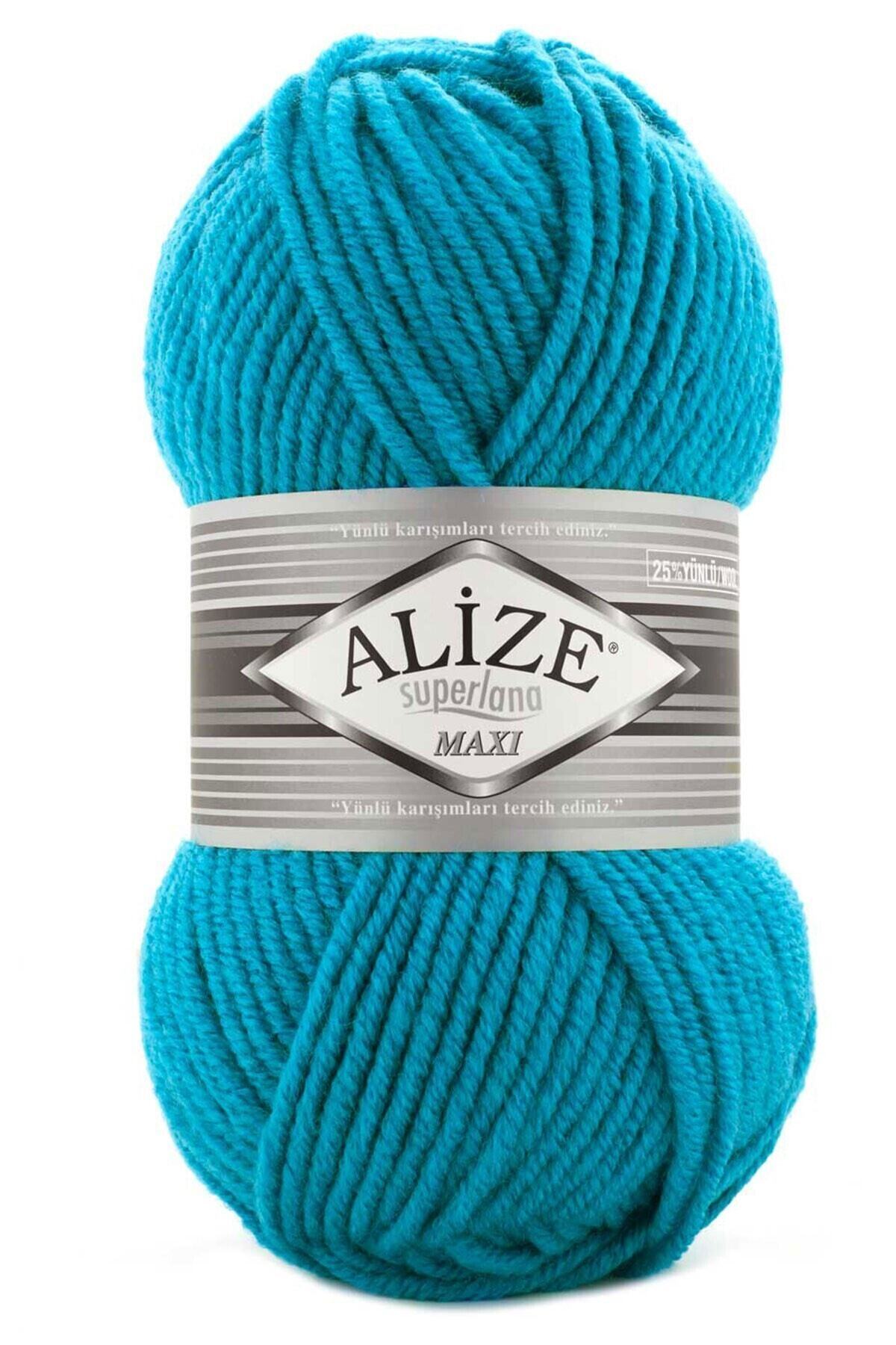 5Pcs Superlana Maxi Turquoise 484 Thick Hand Knitted Drawstring Vest Cardigan Drawstring Scarf Beanie Sweater Yarn