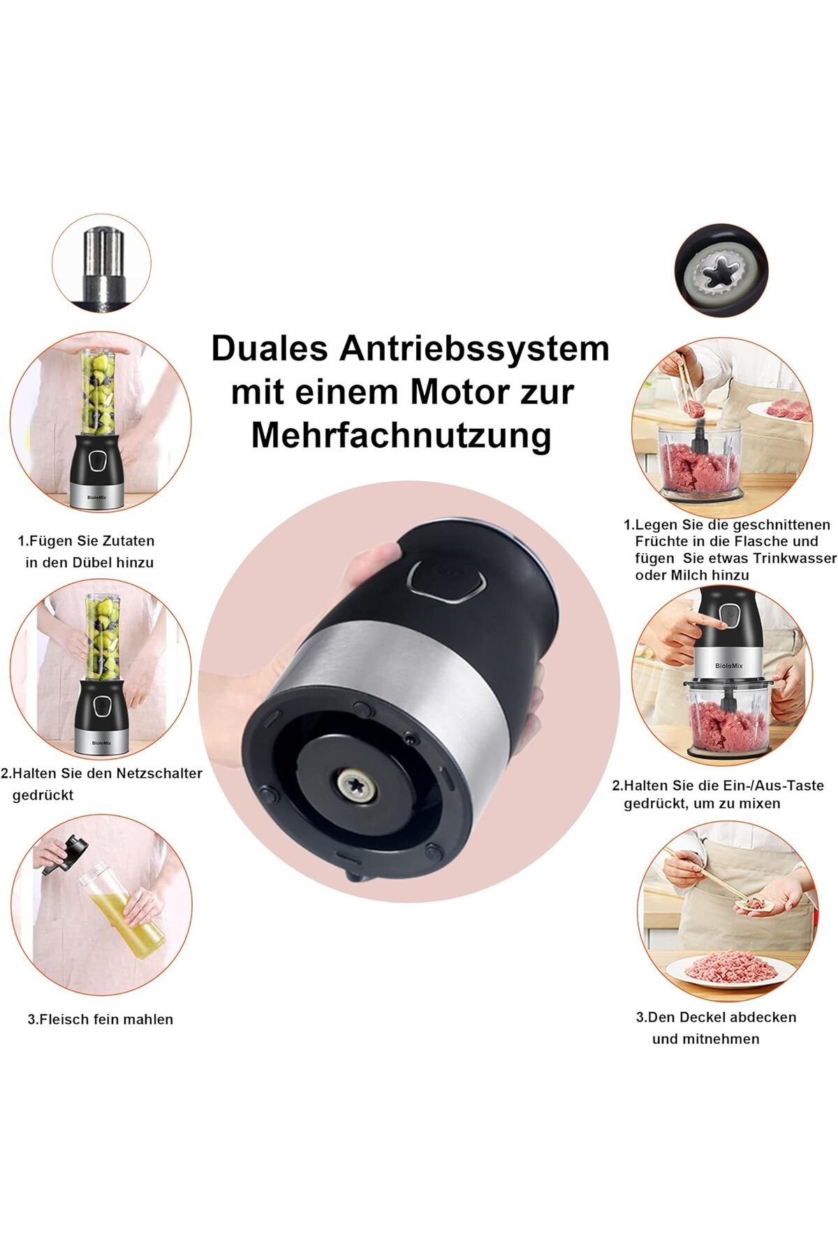 BioloMix-Hand blender 500 W portable personal mixer mixer food processor chopper with bowl 600 ml 2