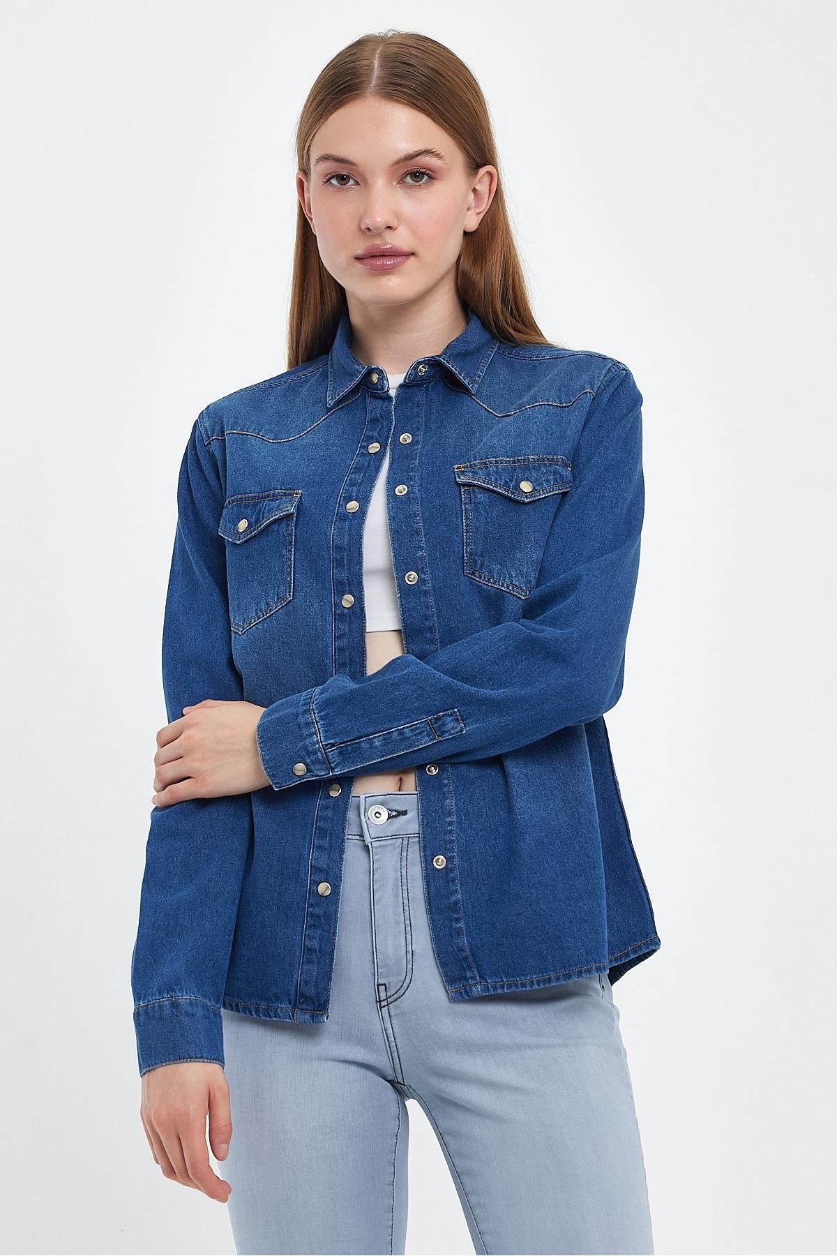 Dark denim shirt womens deals