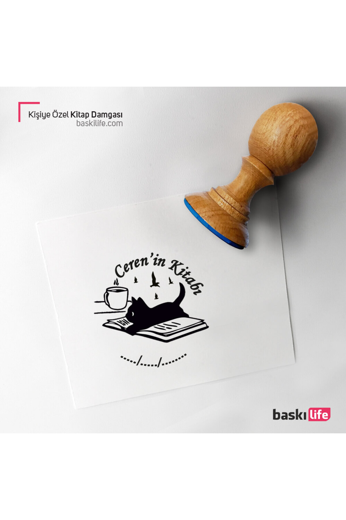 Baskı Life Kedi Kahve Kişiye Özel Kitap Damgası Kitap Mührü Kaşe Kitap Mühür Özel Damga