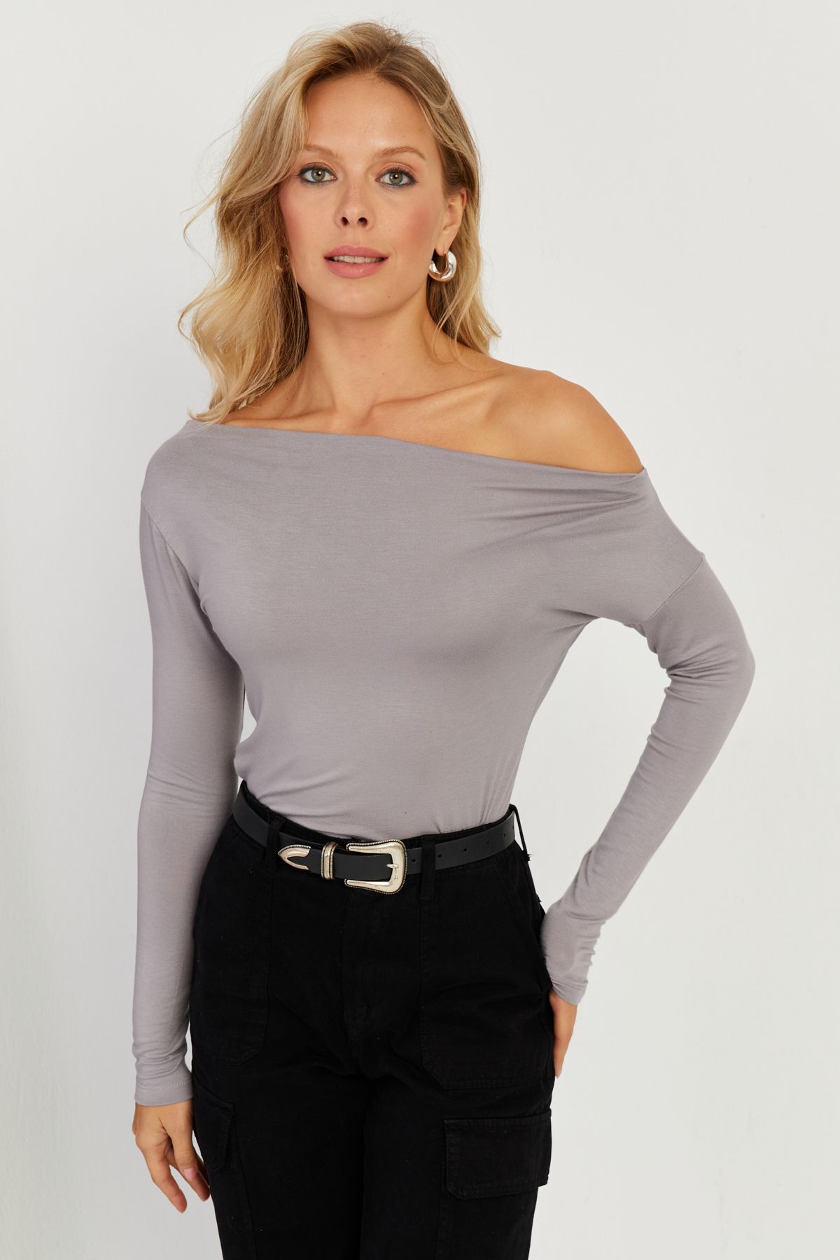 Cool & Sexy-Graue Bluse mit U-Boot-Kragen für Damen LPP1254 5