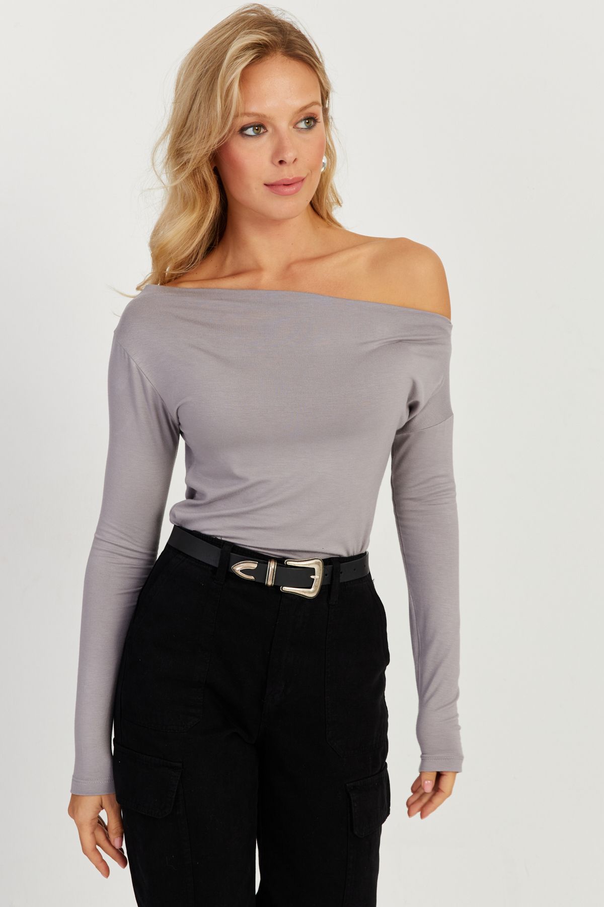Cool & Sexy-Graue Bluse mit U-Boot-Kragen für Damen LPP1254 4