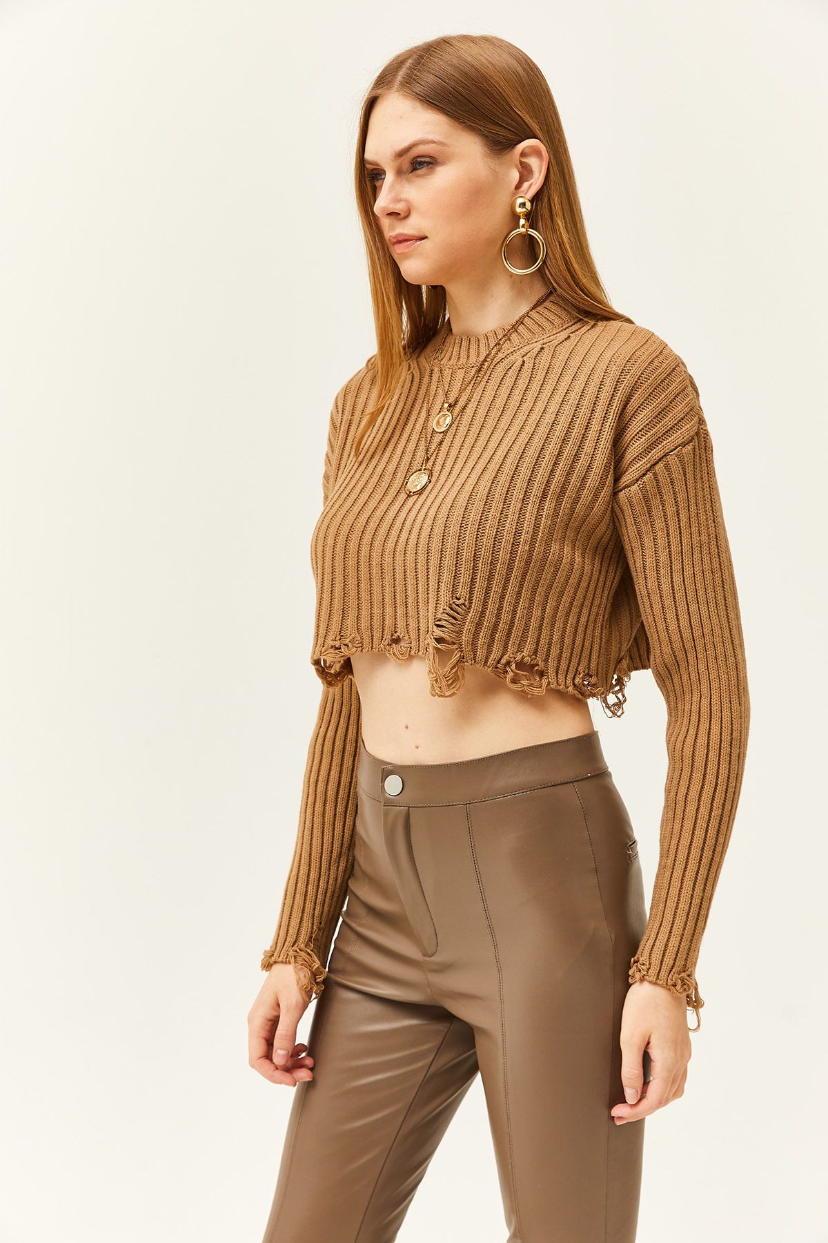 Olalook-Women's Camel Ripped Detailed Thick Crop Knitwear Sweater KZK-19000774 3