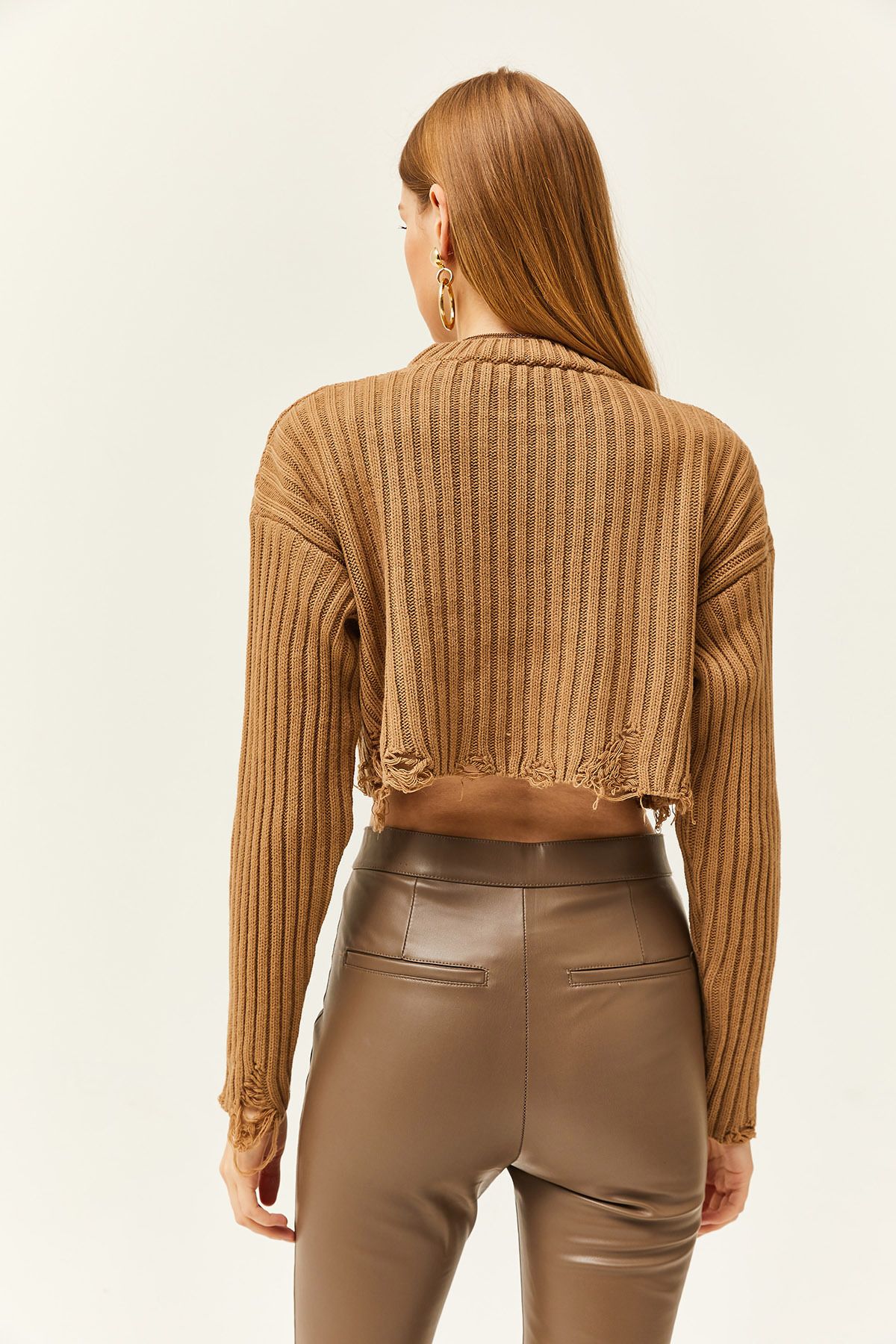 Olalook-Women's Camel Ripped Detailed Thick Crop Knitwear Sweater KZK-19000774 2