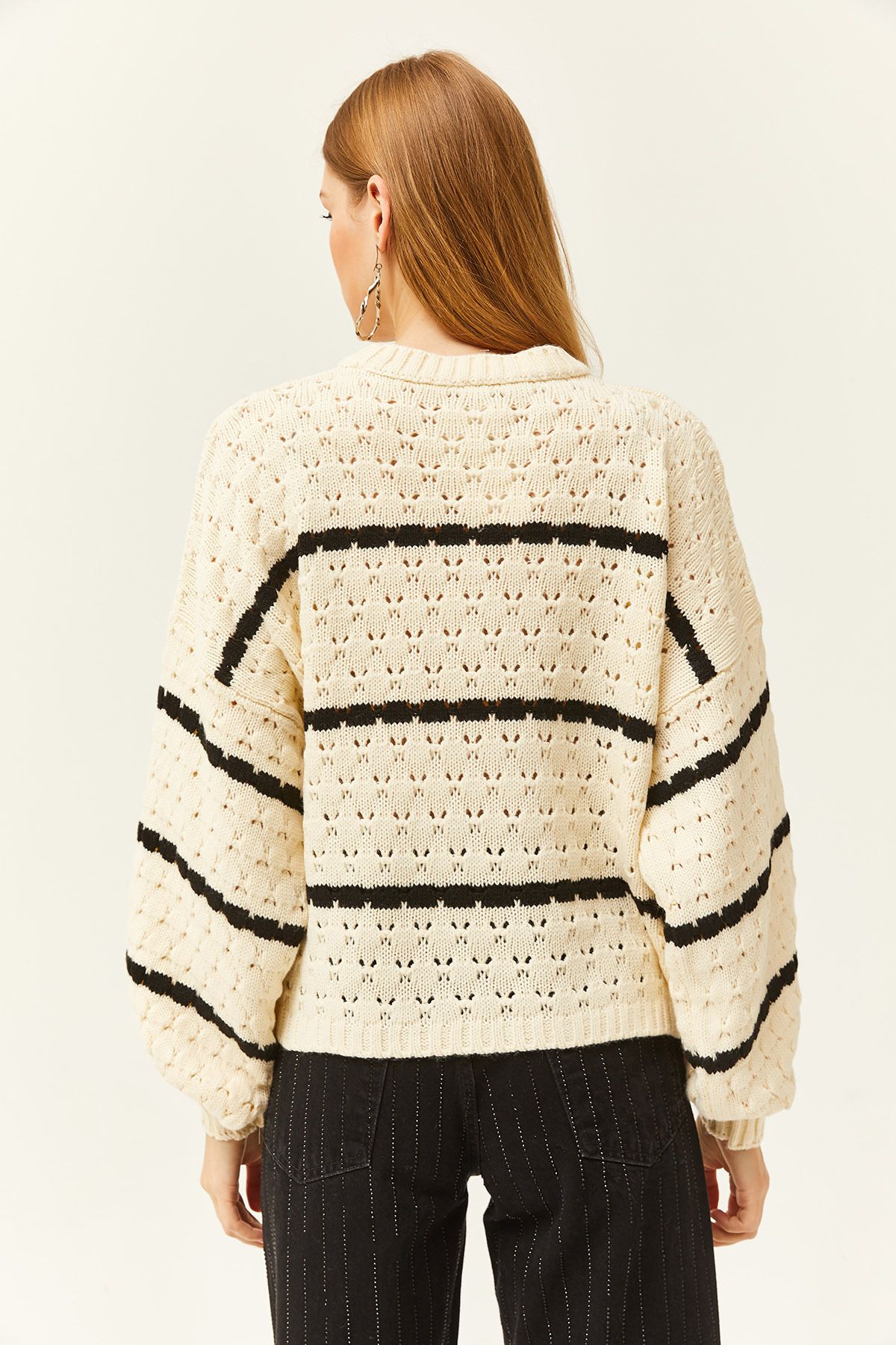Olalook-Women's Ecru Striped Honeycomb Knitted Balloon Sleeve Knitwear Sweater KZK-19000772 2