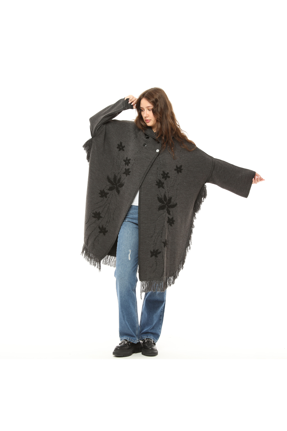 FLOWER EMBOSSED PONCHO-ANTHRACITE