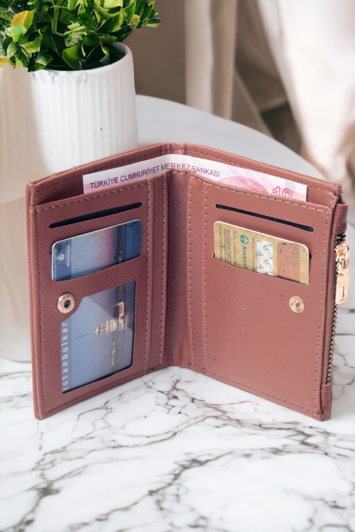 dericom  Kadın Şık Dayanıklı Önü Kartlıklı Kağıt Para Bölmeli Bol Kartlıklı Taba Cüzdan Kartlık Aksesuar - Görsel 3