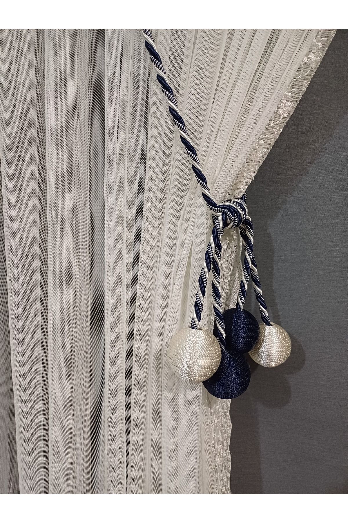 venedik home-Ecru and Navy Blue 4 Ball Tulle and Background Binding Apparatus Curtain Tie Double Breasted Ceiling Binding Corniş Takmatik 3