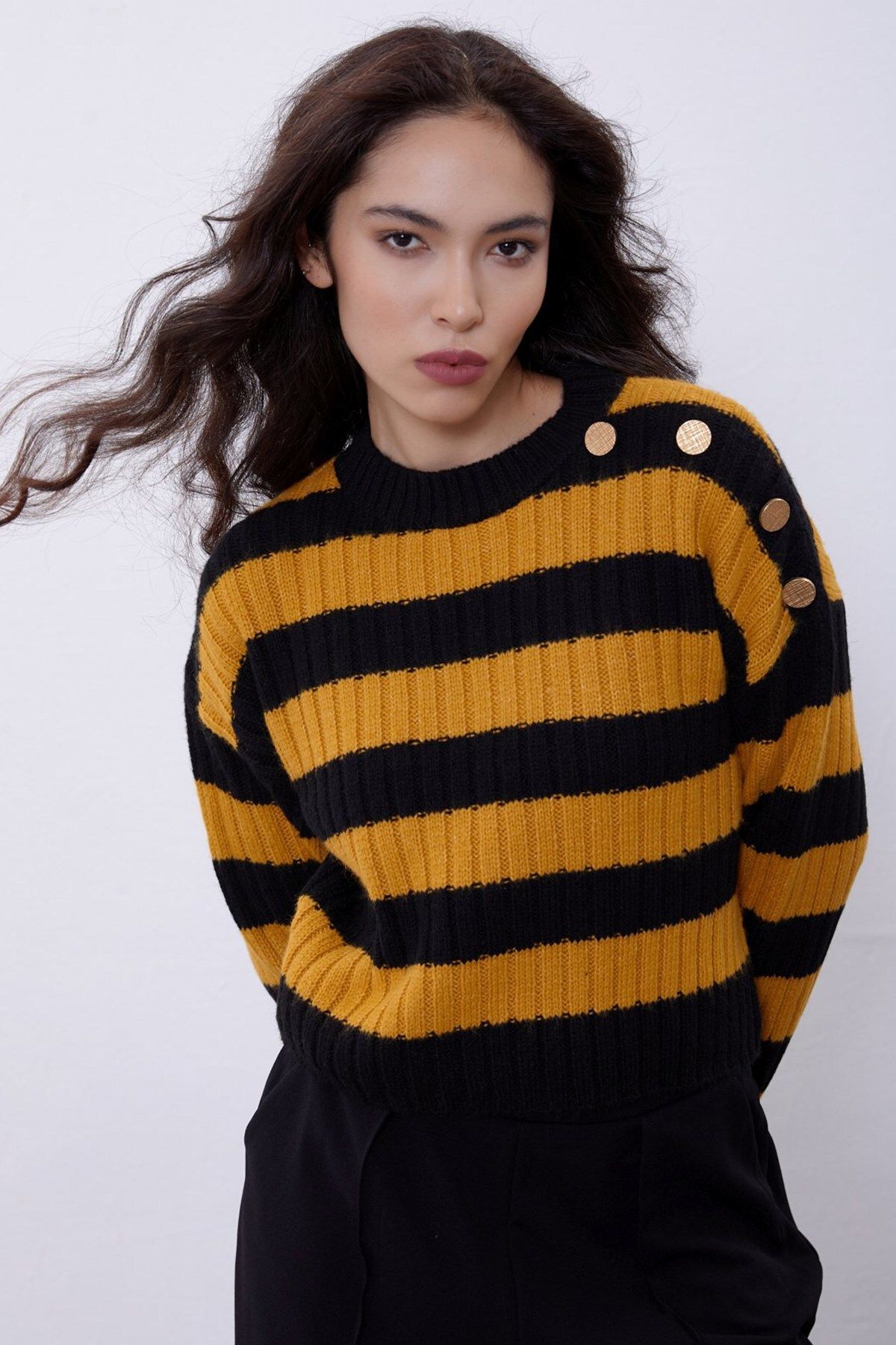 SHERIN Black Mustard Striped Ribbed Knitwear Sweater Trendyol