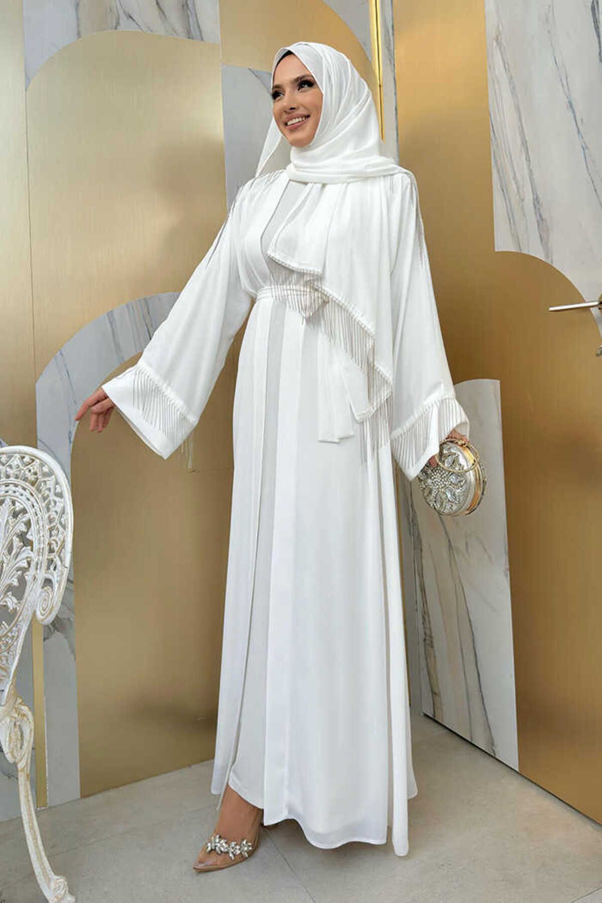 Bym Fashion-Lant Ciciuc Detaliat Şal Abaya 7887 Ecru 3