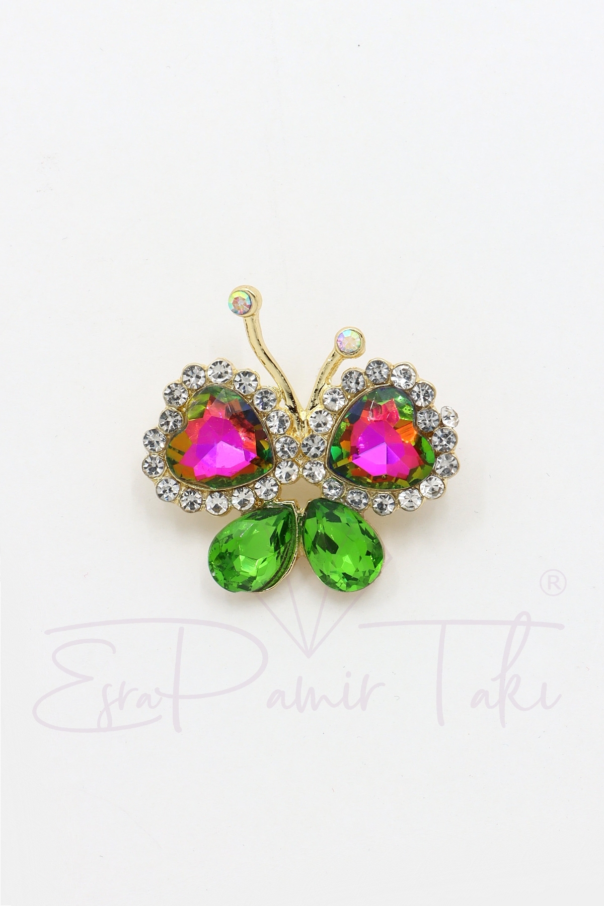 Tiny Butterfly Brooch with Pink Green Gemstone