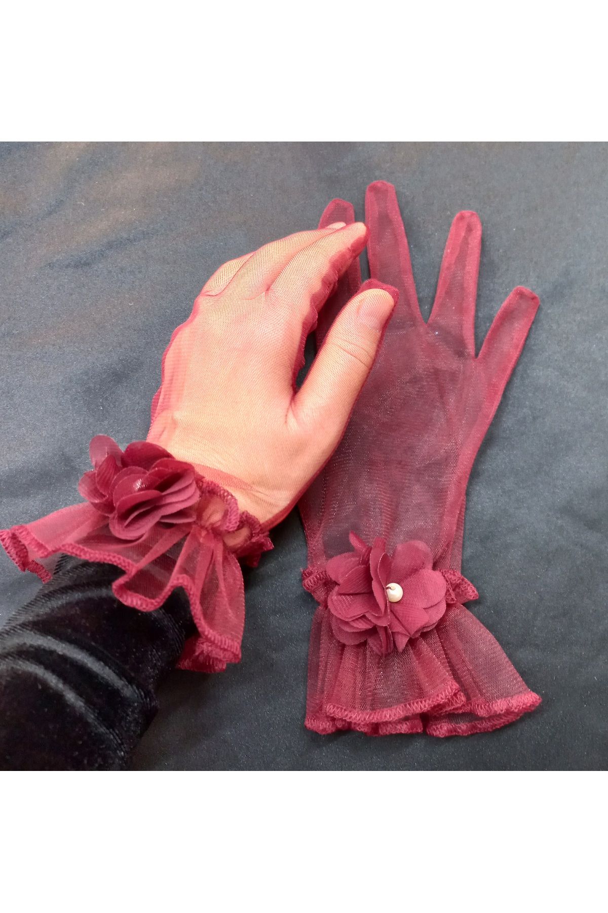 es moda shop-Camelia floral ruffle bridal gloves short burgundy 4